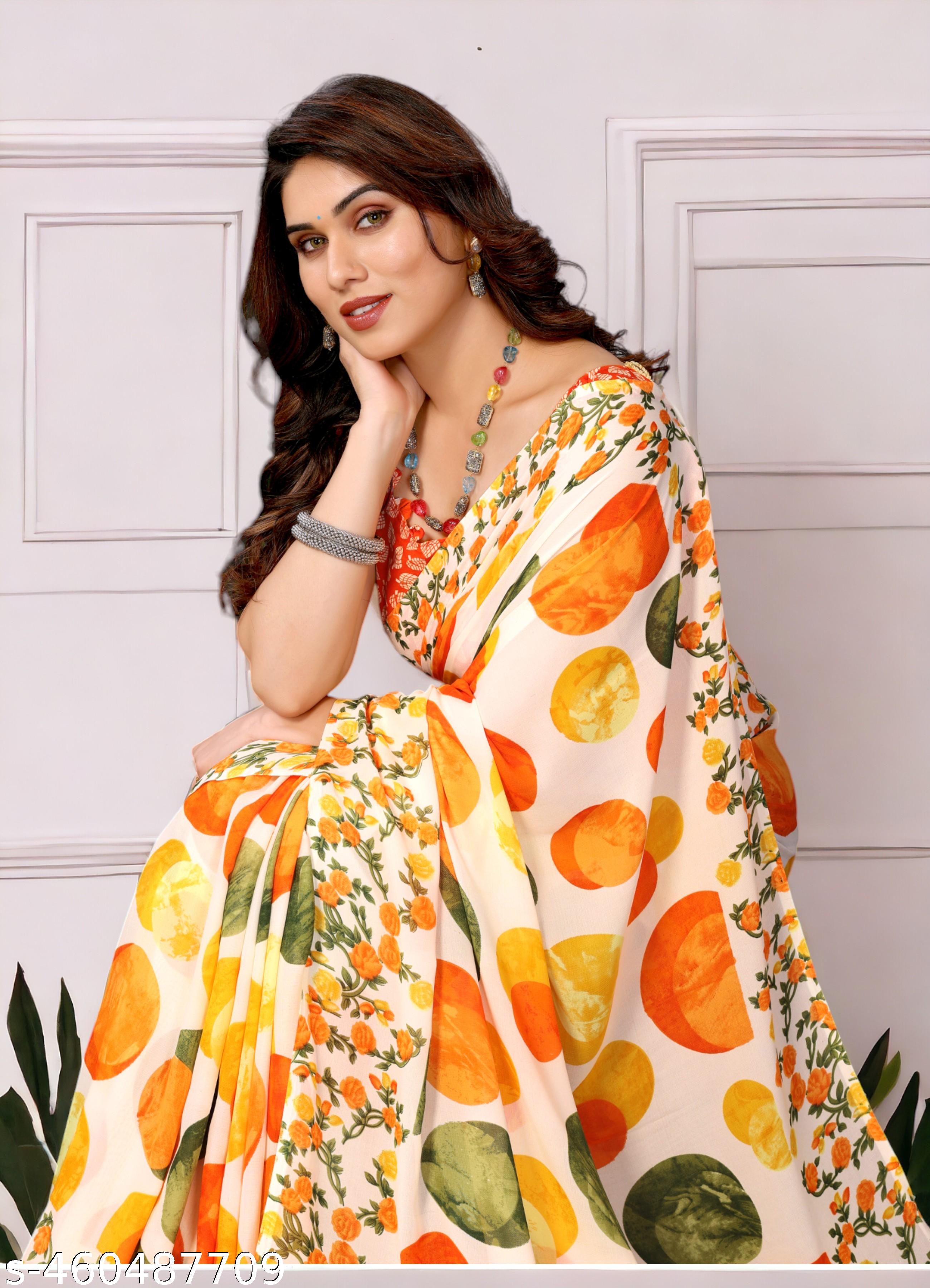 Women's Bollywood Daily Wear Polka Dot Yellow Printed GeorgetteteSaree - Unixkart - View 4