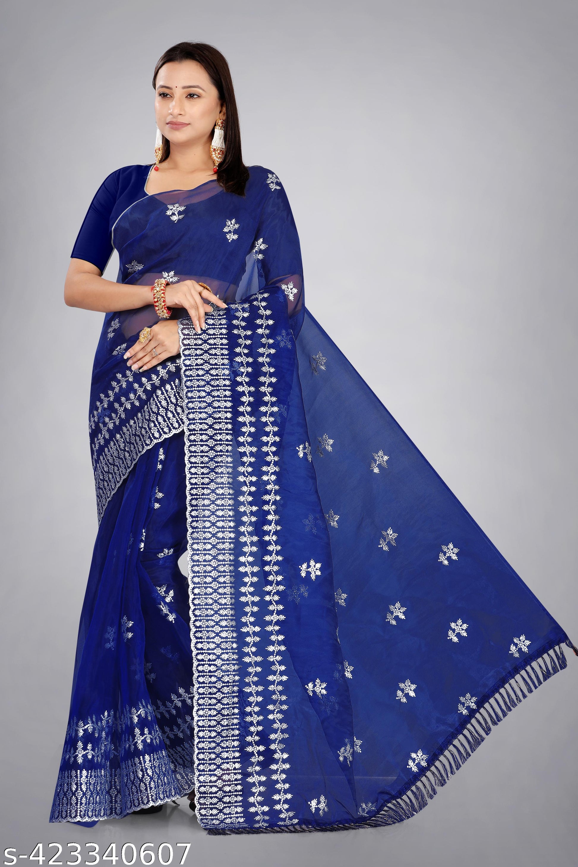 Heavy Embroidery Full 4 Metre Silver Jari Work Beautiful Saree - Unixkart - View 4