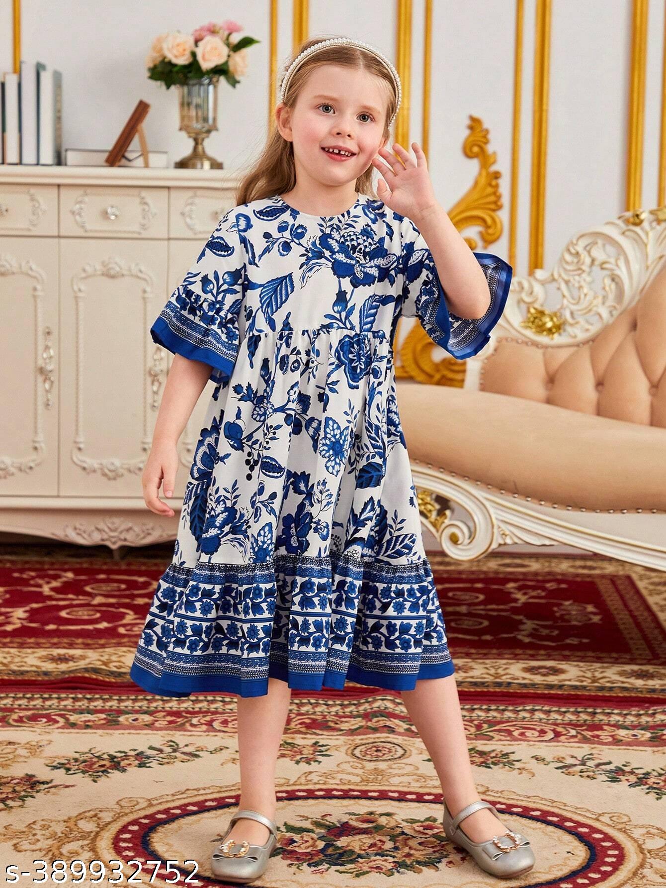 Girls Blue Floral Print Flange Sleeve Dress - Unixkart - View 4