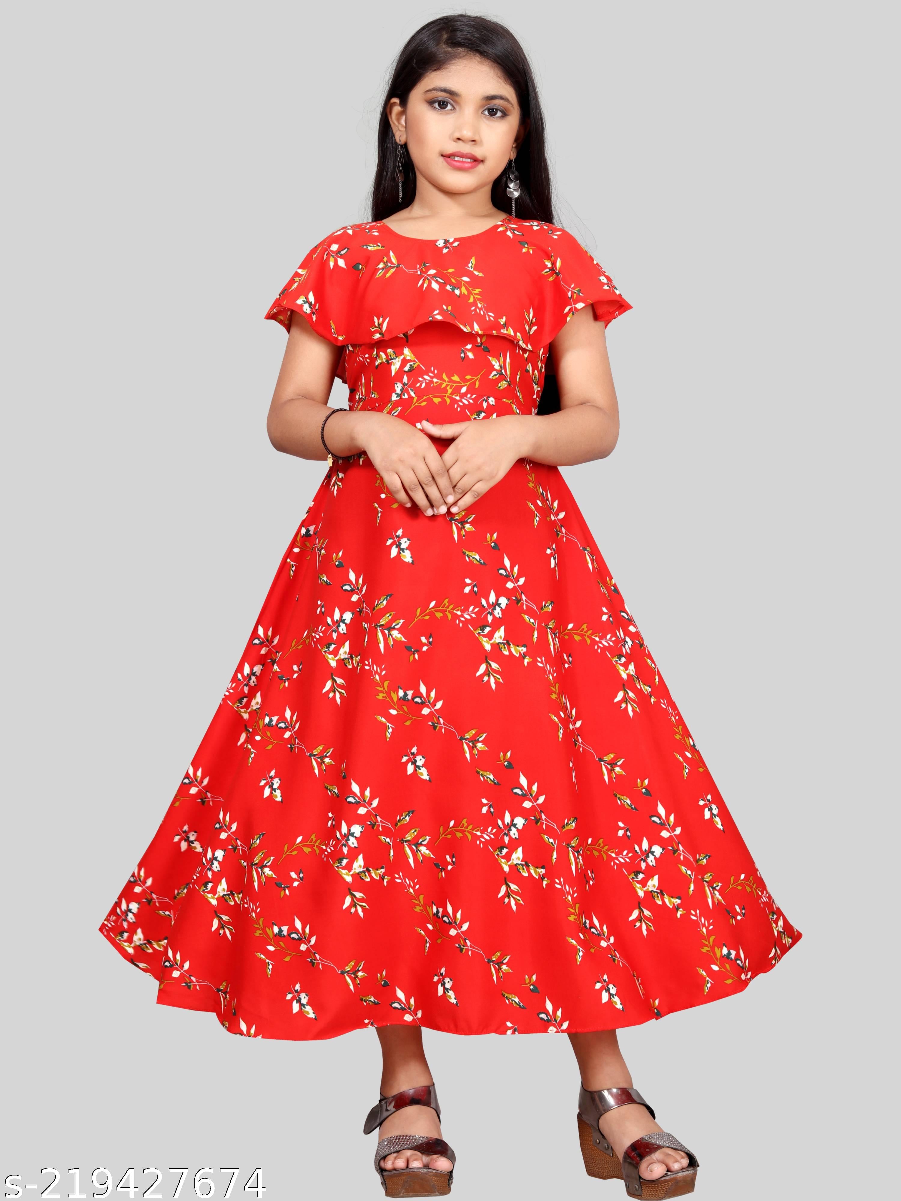 Girls Red & Off-White Floral Print Maxi Dress - Unixkart - View 4