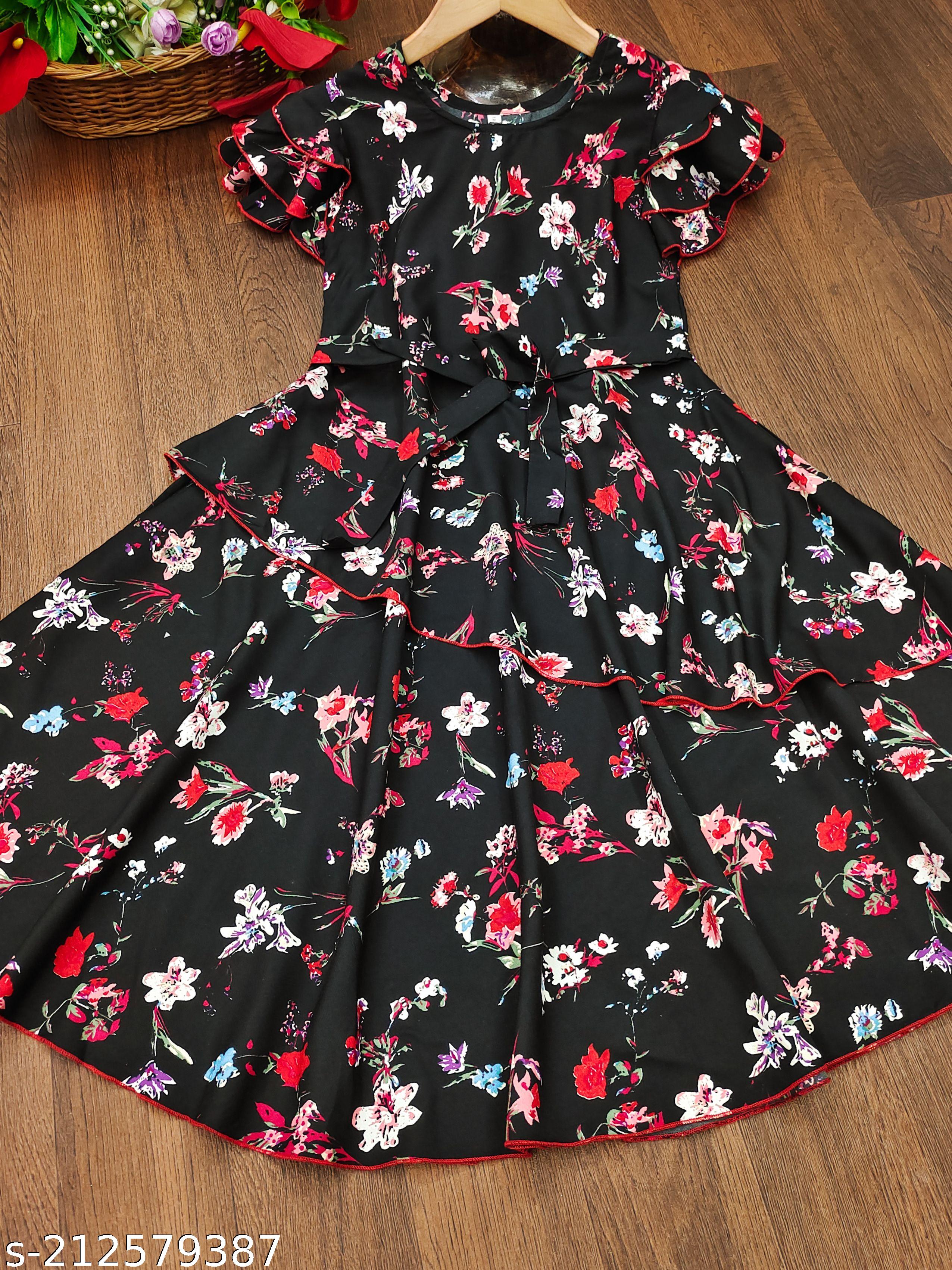 Girls Black & Red Floral Print Layered Dress - Unixkart - View 4