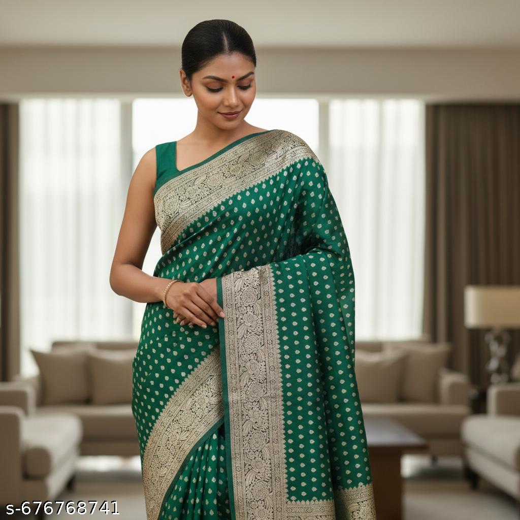 Women’s Banarasi Silk Saree with Golden Zari Border Elegant Festive & Wedding Wear with Unstitched B - Unixkart