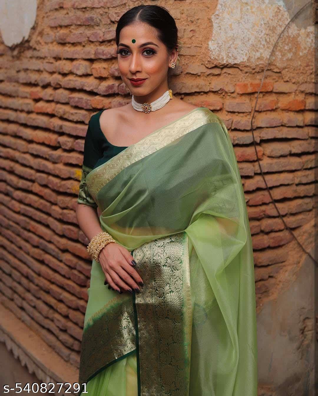 Banarasi Organza Party Wear Pista Green Saree - Unixkart - View 4