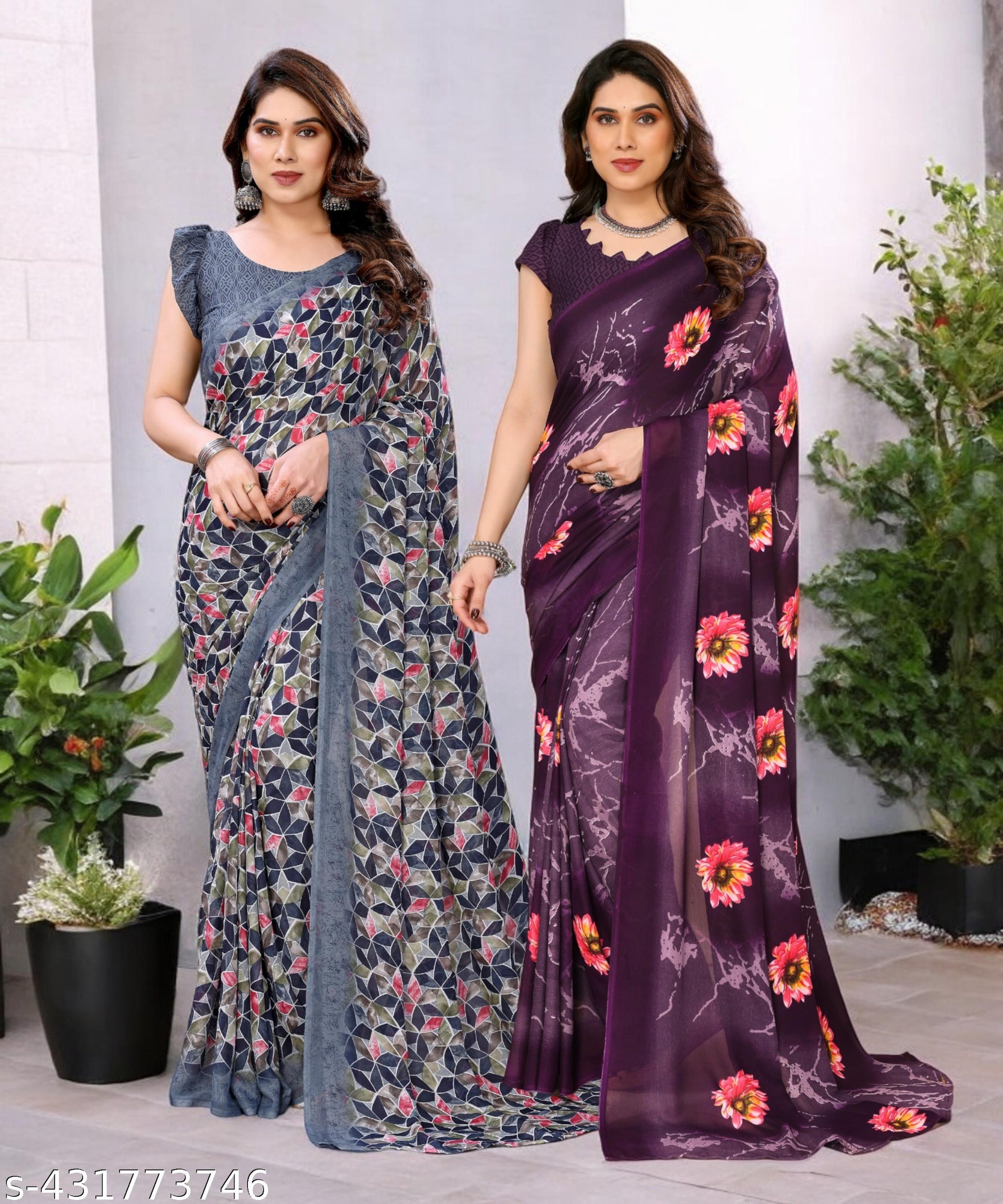 Combo Saree, Daily Wear Georgettete Sarees with Blouse Piece (Pack of 2) - Unixkart