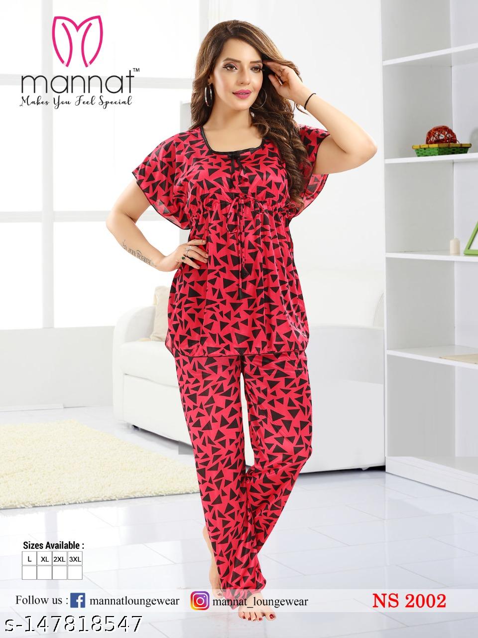 Color Magic Satin Kaftan Night Suit - Nachos Print Top Pyjama Set - Rani - View 4 - Juliate