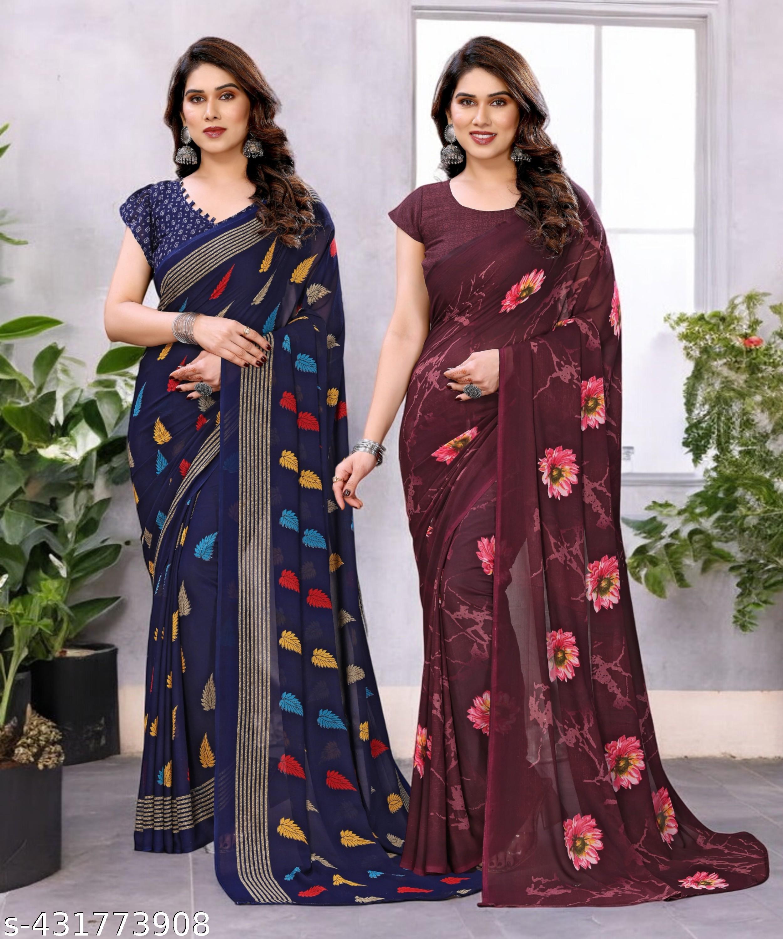 Combo Saree, Daily Wear Georgettete Sarees with Blouse Piece (Pack of 2) - Unixkart - View 4