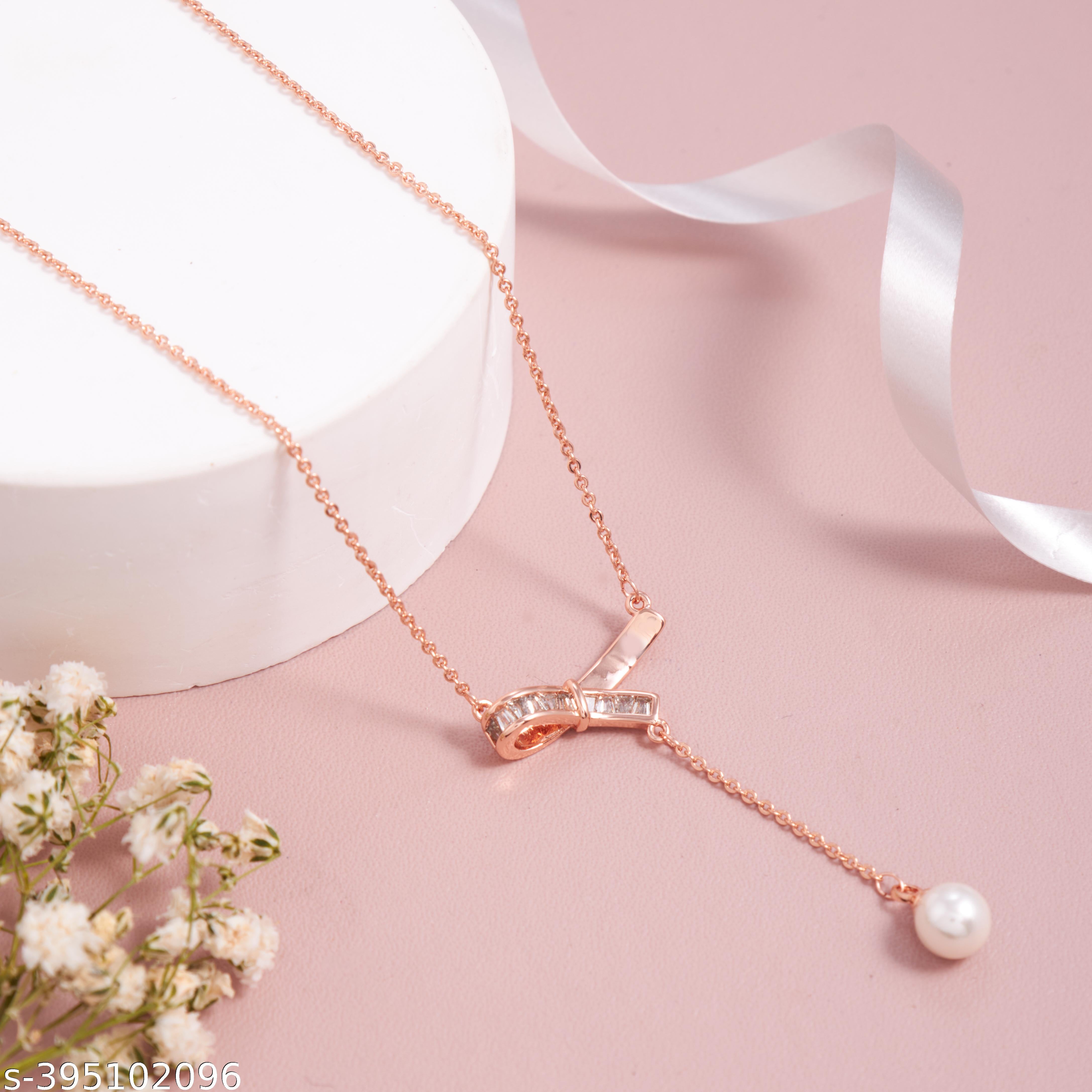Elegant Rose Gold-Plated Pendant Necklace with Pearl Drop and American Diamond Accents for Women and - Unixkart - View 4