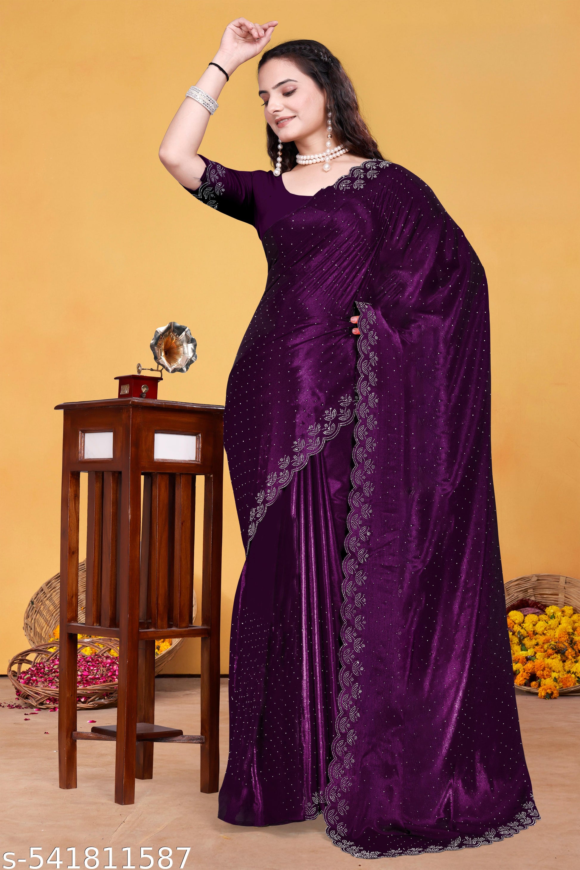 Women's Georgettete Embellished Work Chiffon Saree with Unstitched Blouse, Purple - Unixkart - View 4