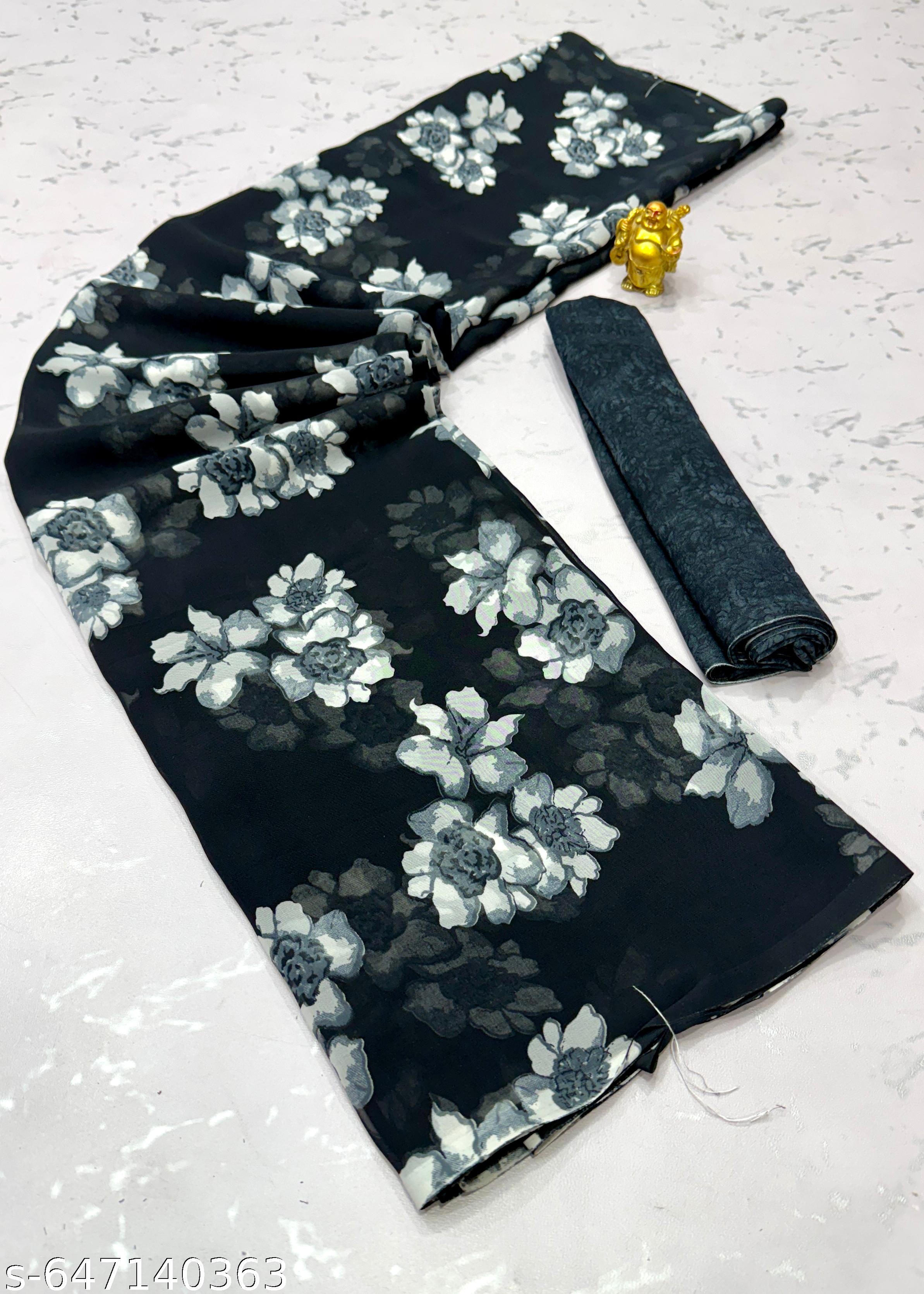 Black Weightless Printed Georgette Saree - Unixkart - View 4