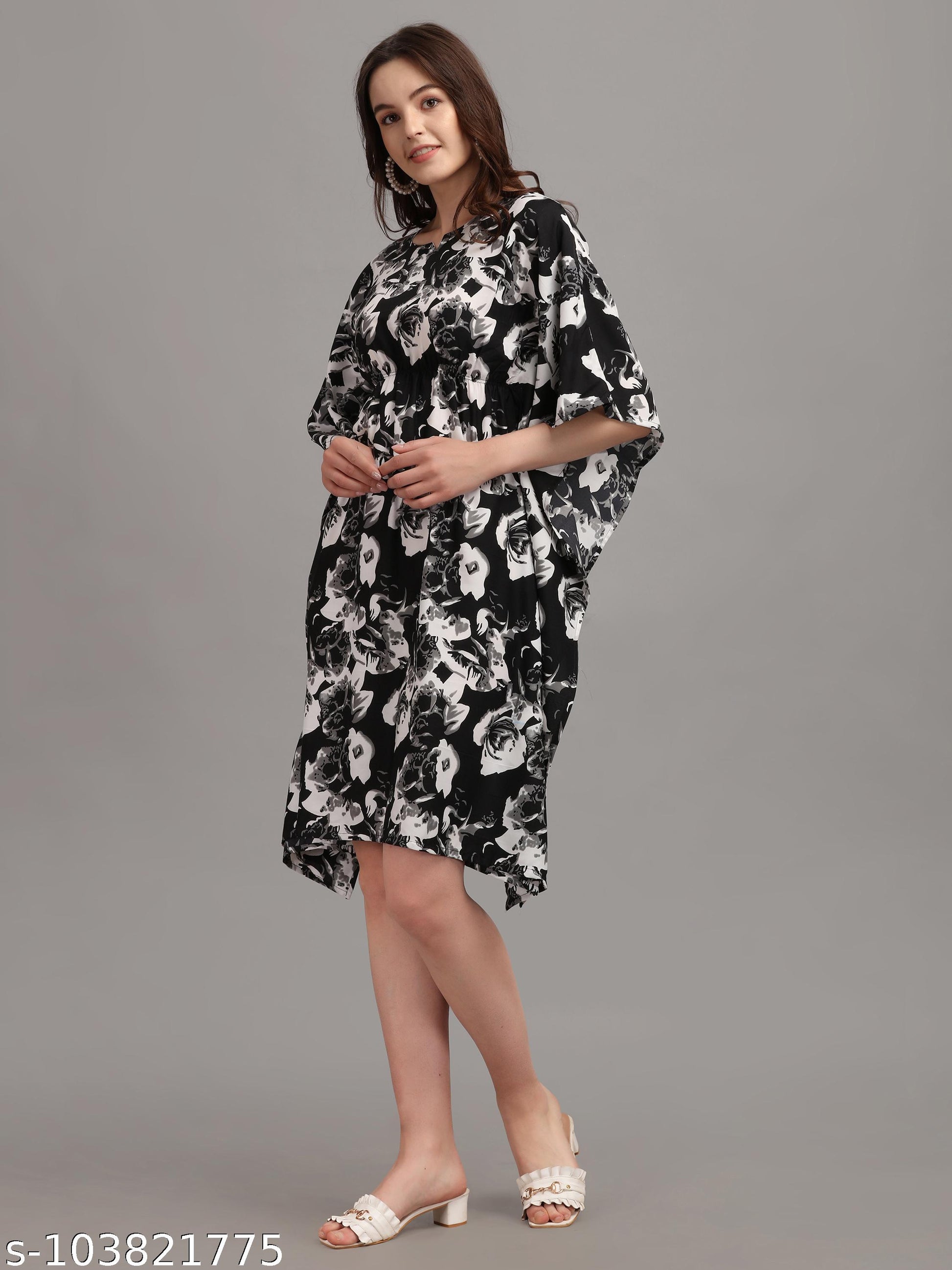 Women's Black & White Floral Print Kaftan Dress - Unixkart - View 4