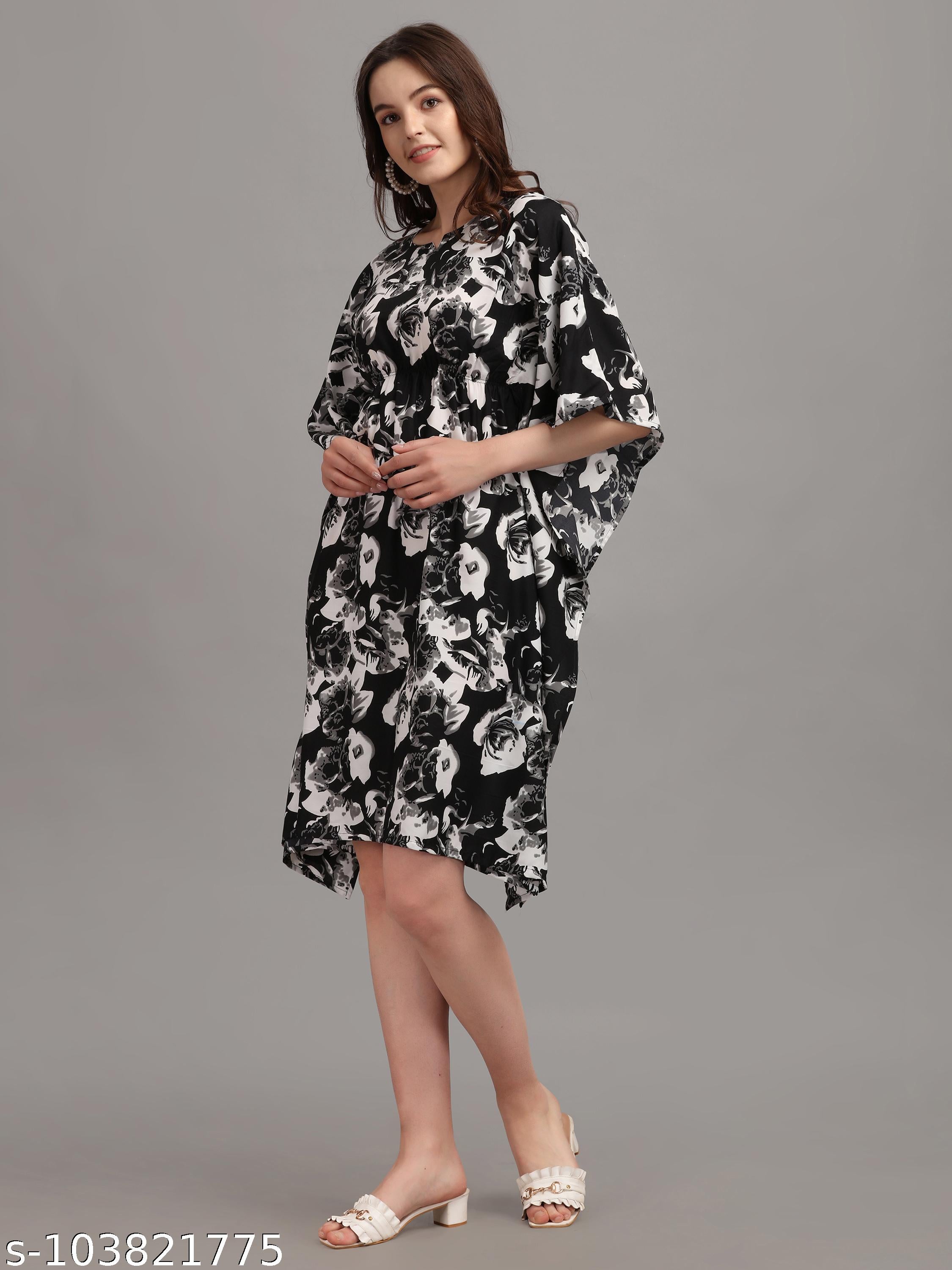 Women's Black & White Floral Print Kaftan Dress - Unixkart - View 4