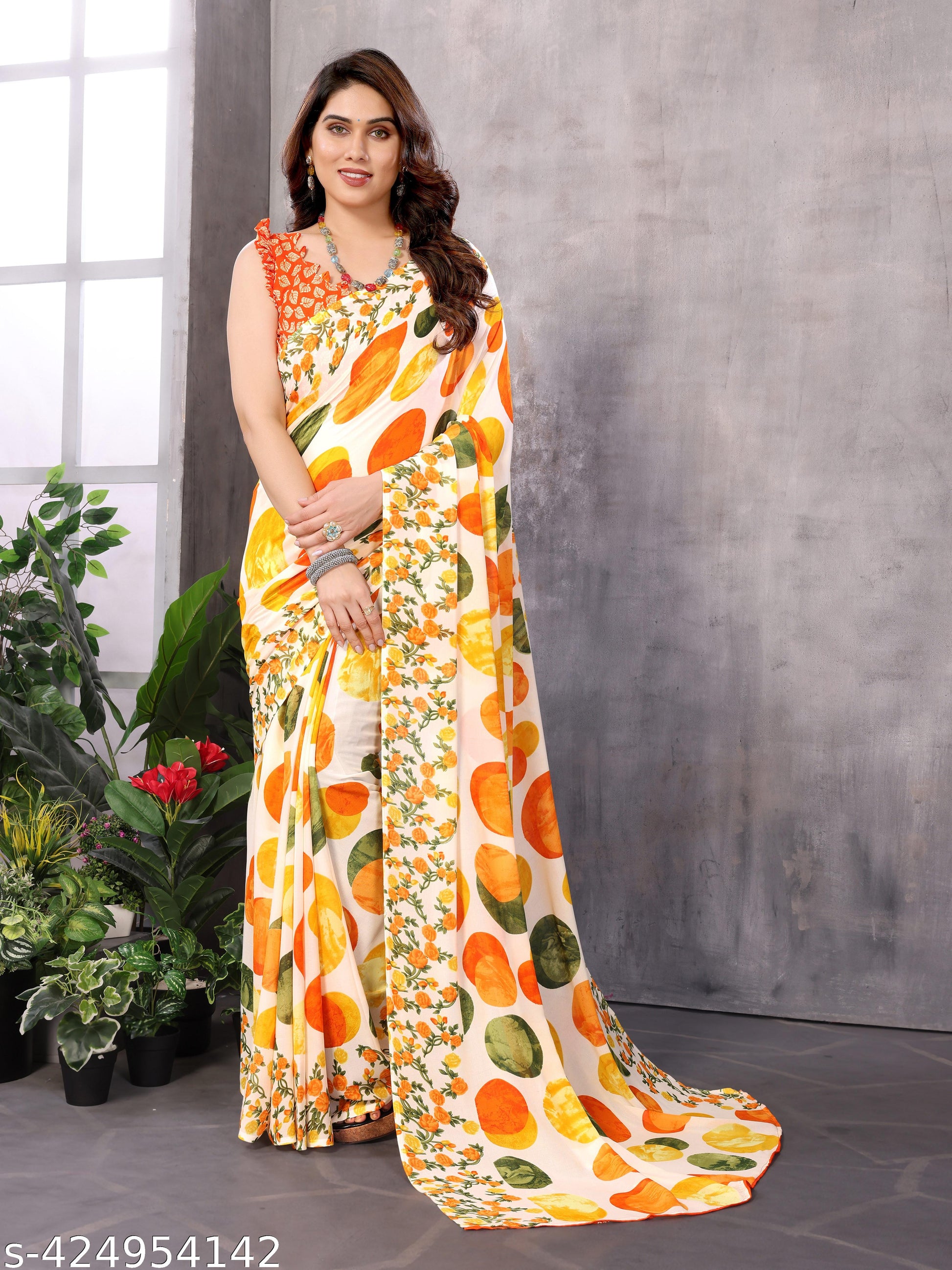Women's Bollywood Daily Wear Polka Dot Yellow Printed Georgettete Printed Saree - Unixkart - View 4