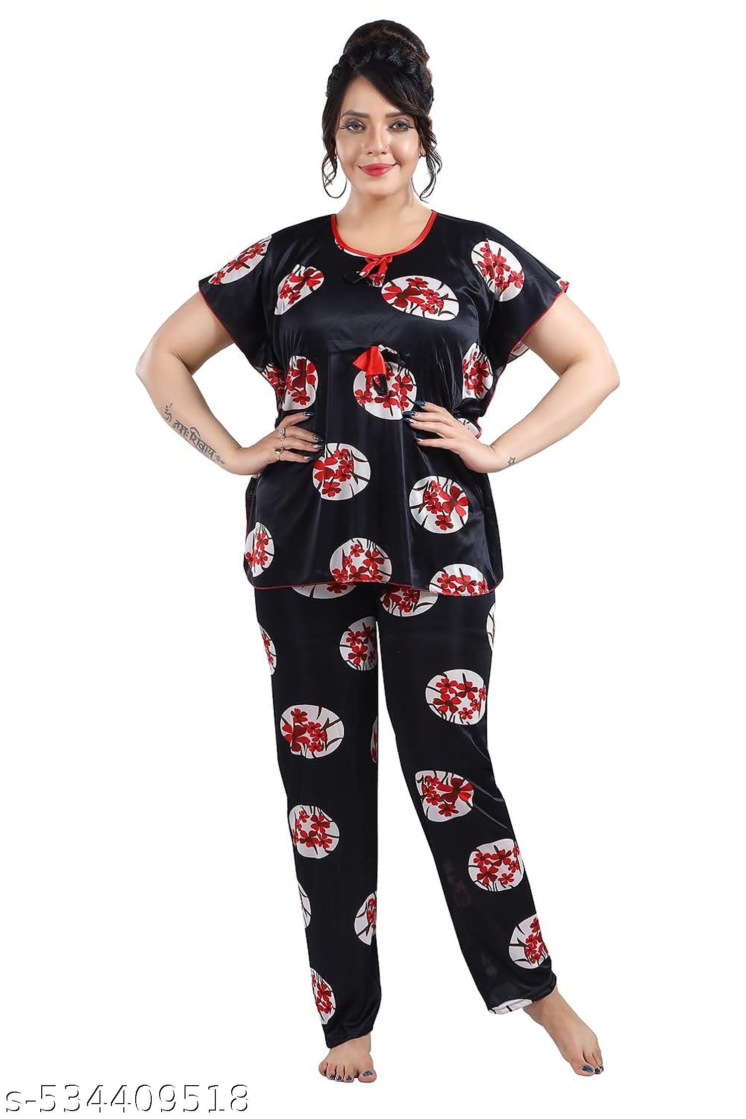 Colormagic Satin Kaftan Night Suit - Champa Print Top Pyjama Set - Black - View 4 - Juliate
