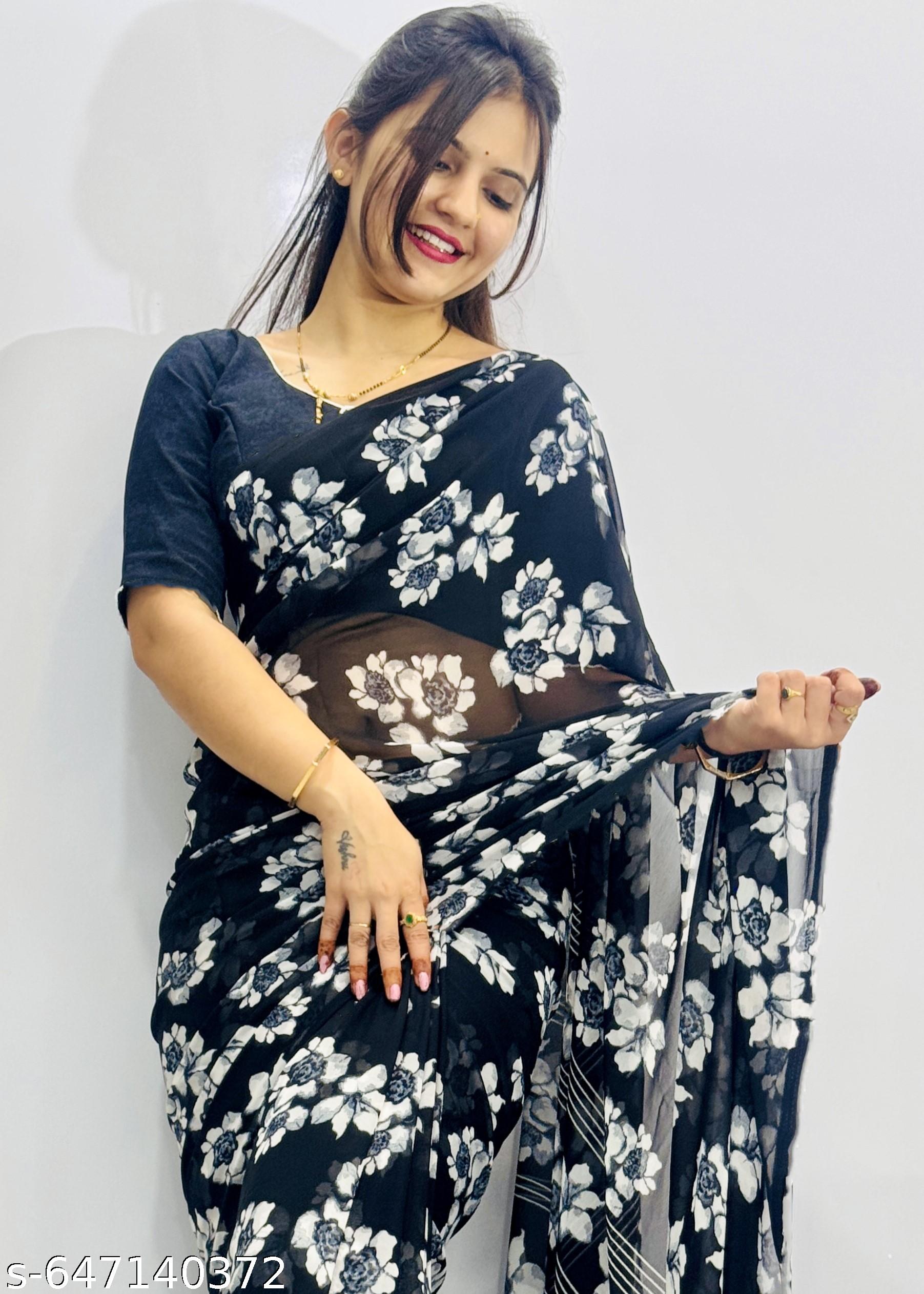 Black Weightless Printed Georgette Saree - Unixkart - View 4