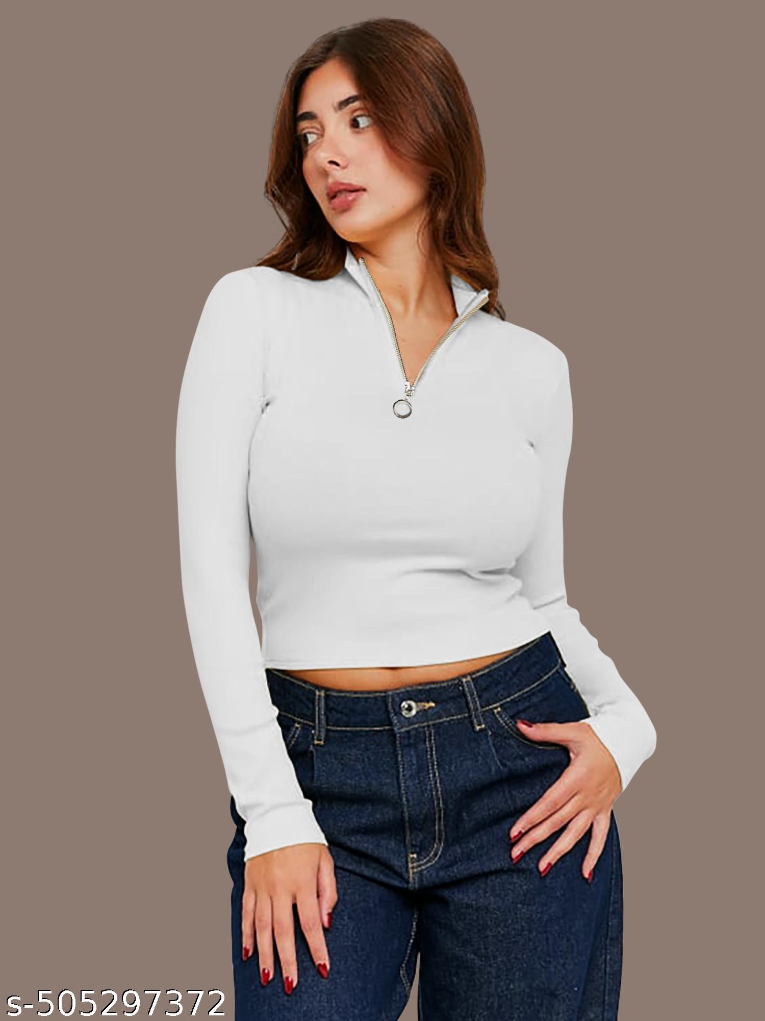 Women's Ribbed Round Zipper Neck Full Sleeve Solid Top - image 4