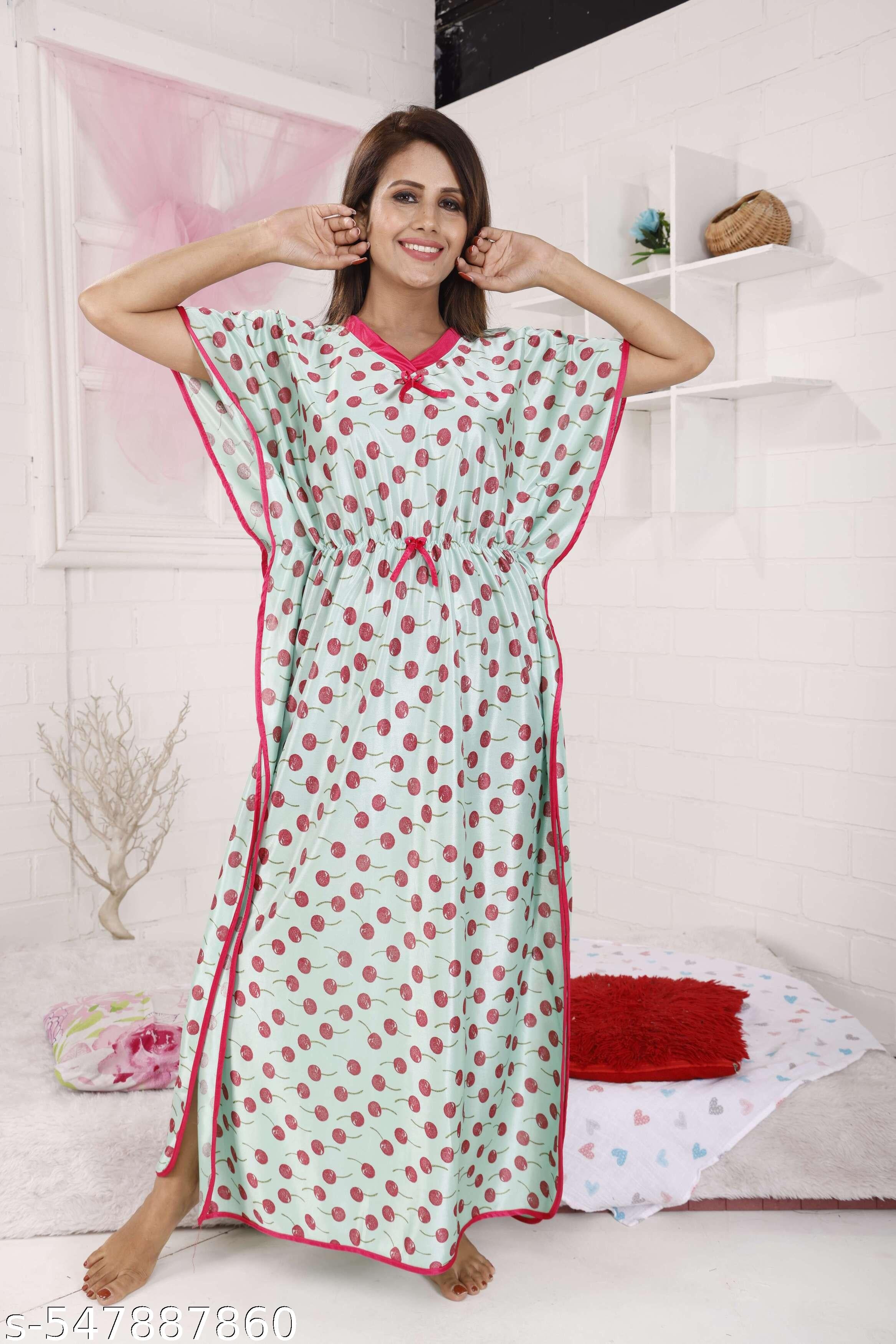 Color Magic Womens Satin Cherry Print Kaftan - Green - View 4 - Juliate