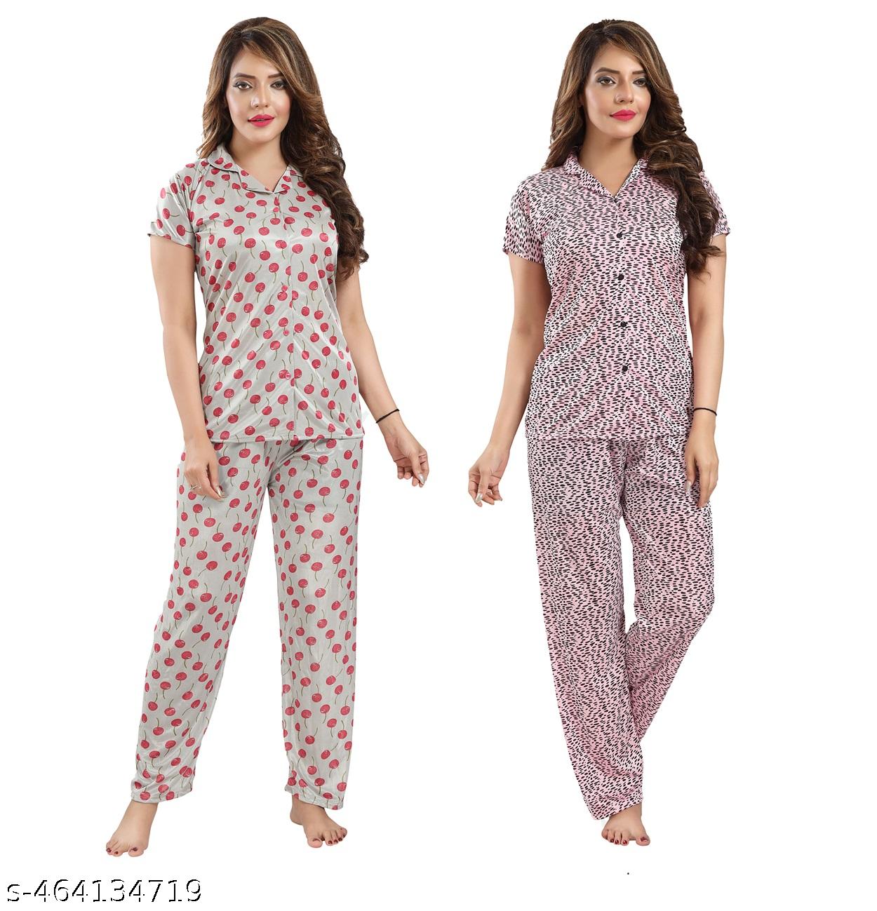 Color Magic Printed Satin Collar Night Suit - Combo Pack Of 2 - Berry White - Cheeta Pink - View 4 - Juliate