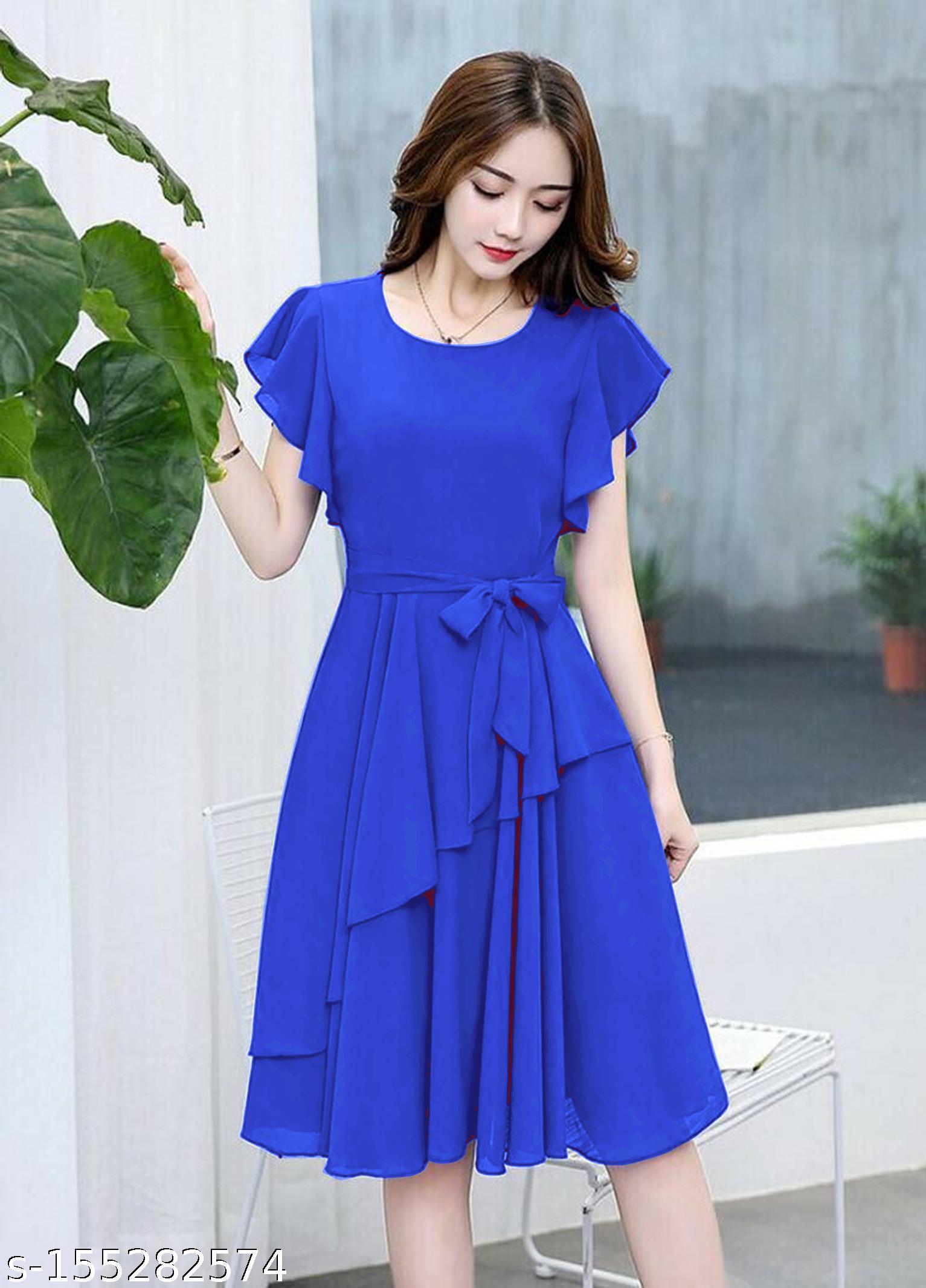 Women's Blue A-Line Georgette Dress - Unixkart - View 4