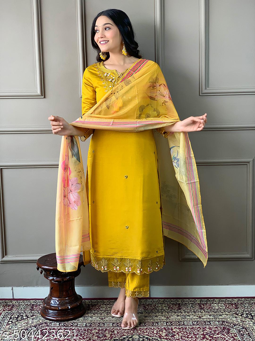 Mustard Embroidered Chanderi Straight Kurta and Trousers With Dupatta view 4