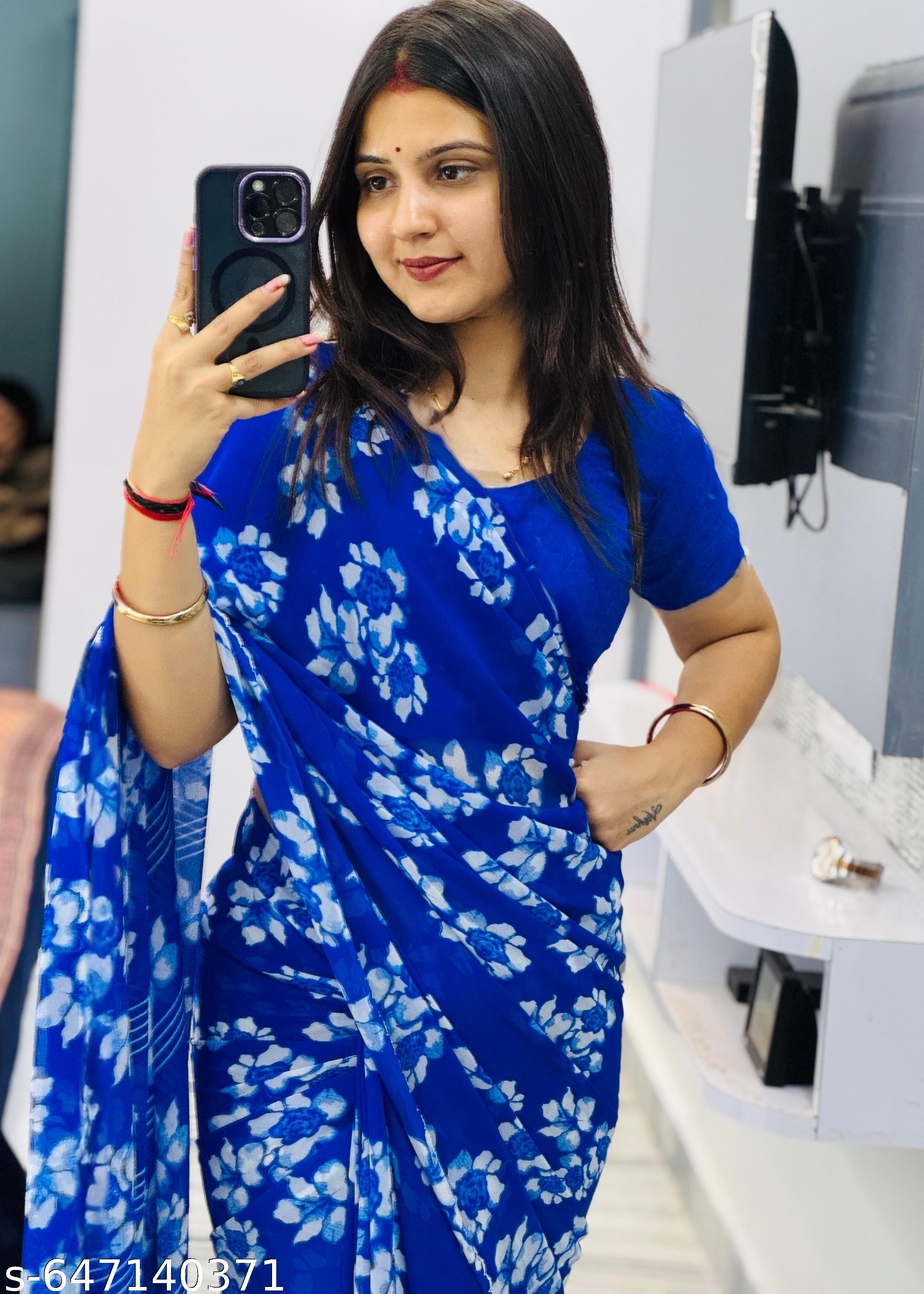 Blue Weightless Printed Georgette Saree - Unixkart - View 4