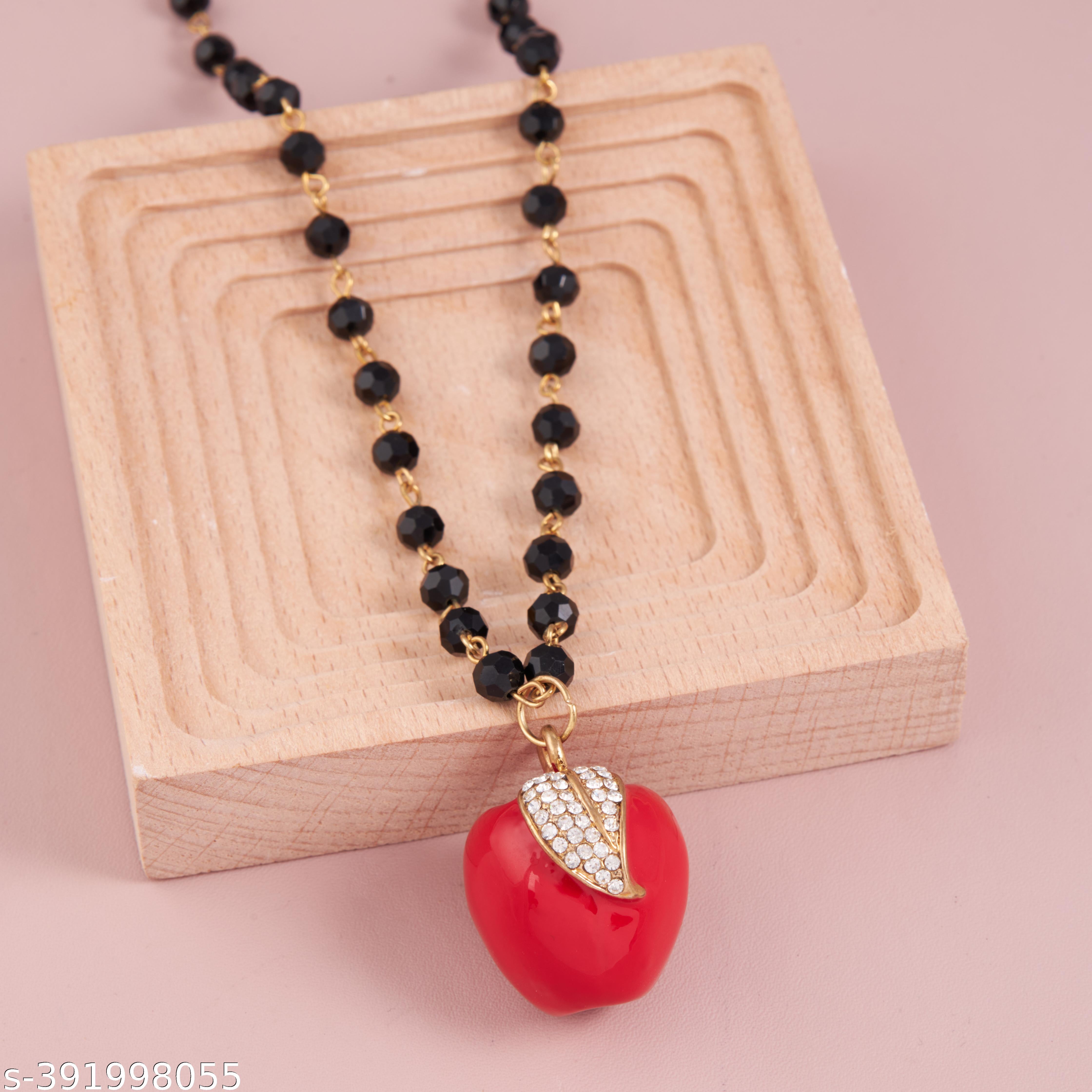 Midnight Sparkle: Western Elegant Black Crystal Long Chain Necklace with Designer Apple-Shaped Penda - Unixkart - View 4