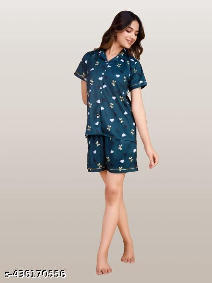 Women'S Night Suit , Printed Top And Shorts Set, Graphics Night Wear - View 4 - Juliate