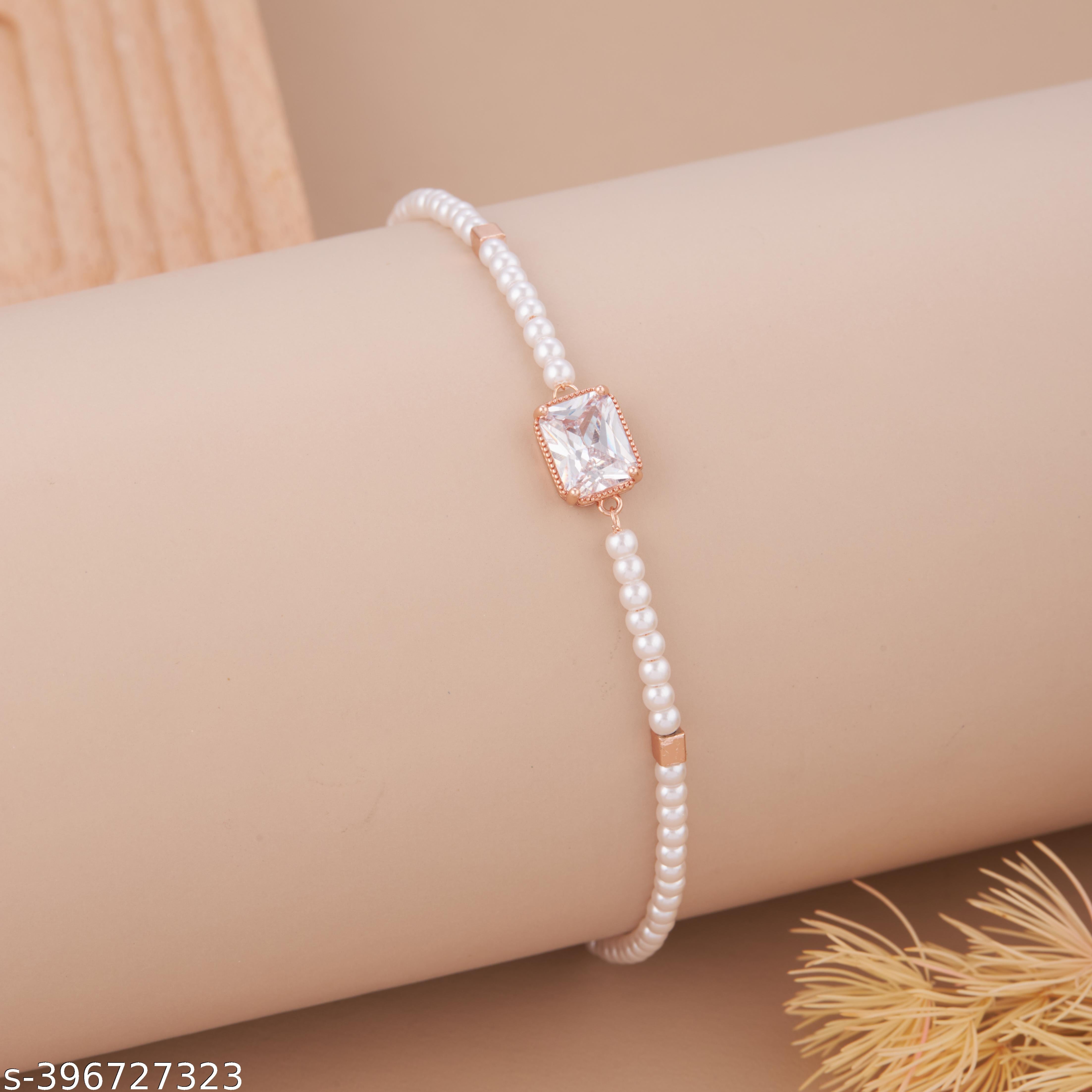 Elegant Pearl Beaded Bracelet with Square American Diamond Centerpiece for Women and Girls - Unixkart - View 4