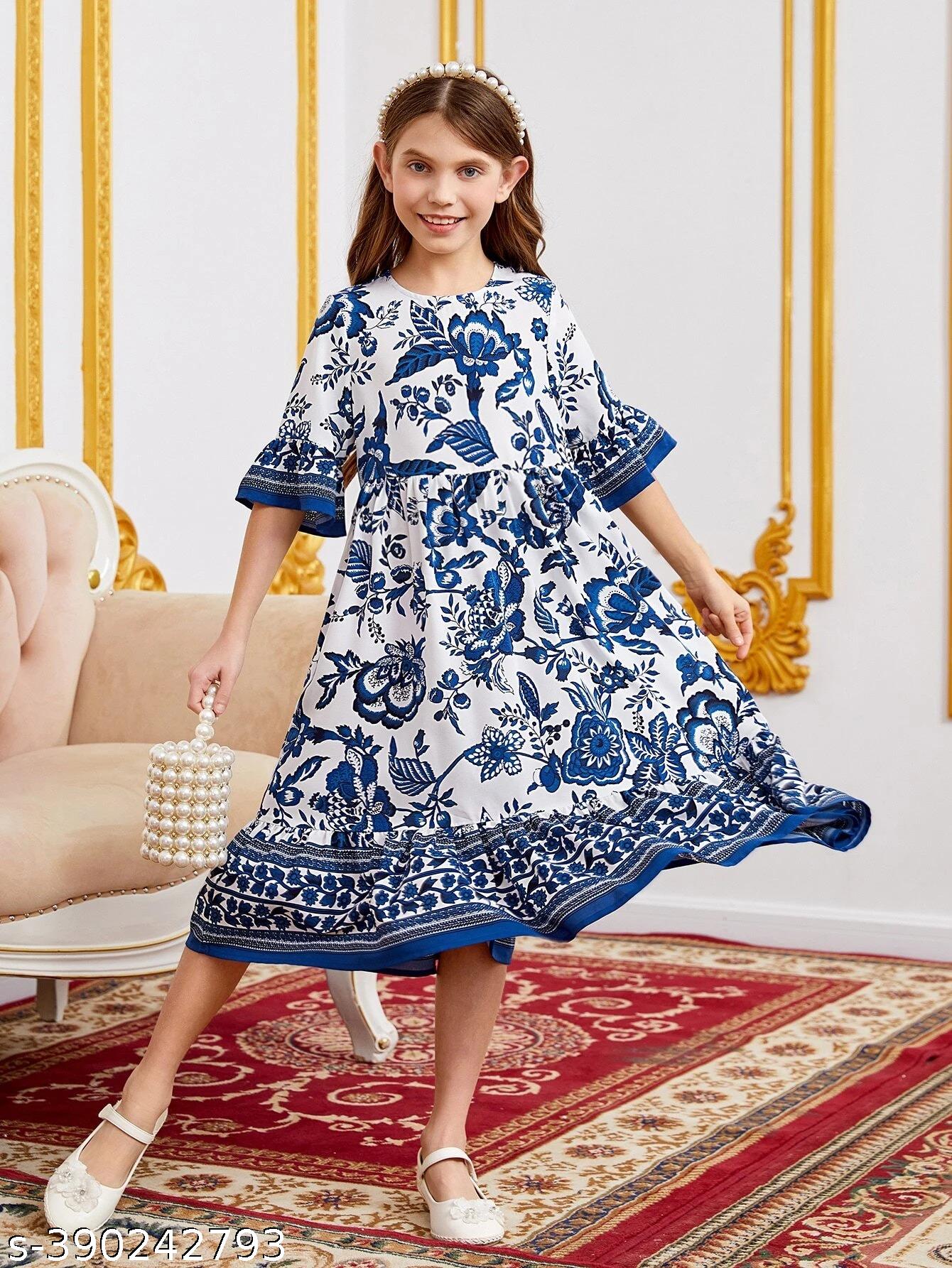 Girls Blue Floral Print Flange Sleeve Dress - Unixkart - View 4