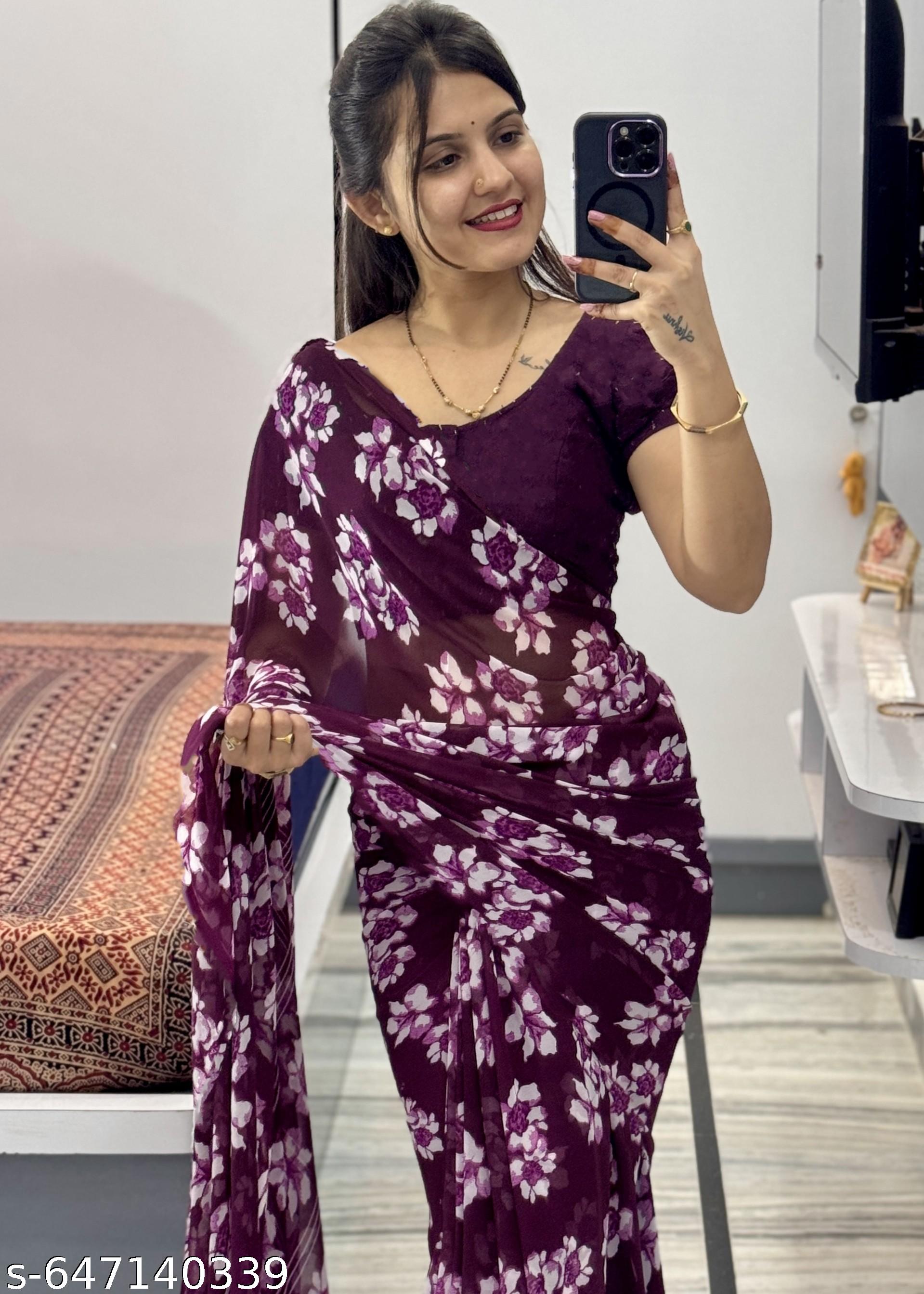 Purple Weightless Printed Georgette Saree - Unixkart - View 4