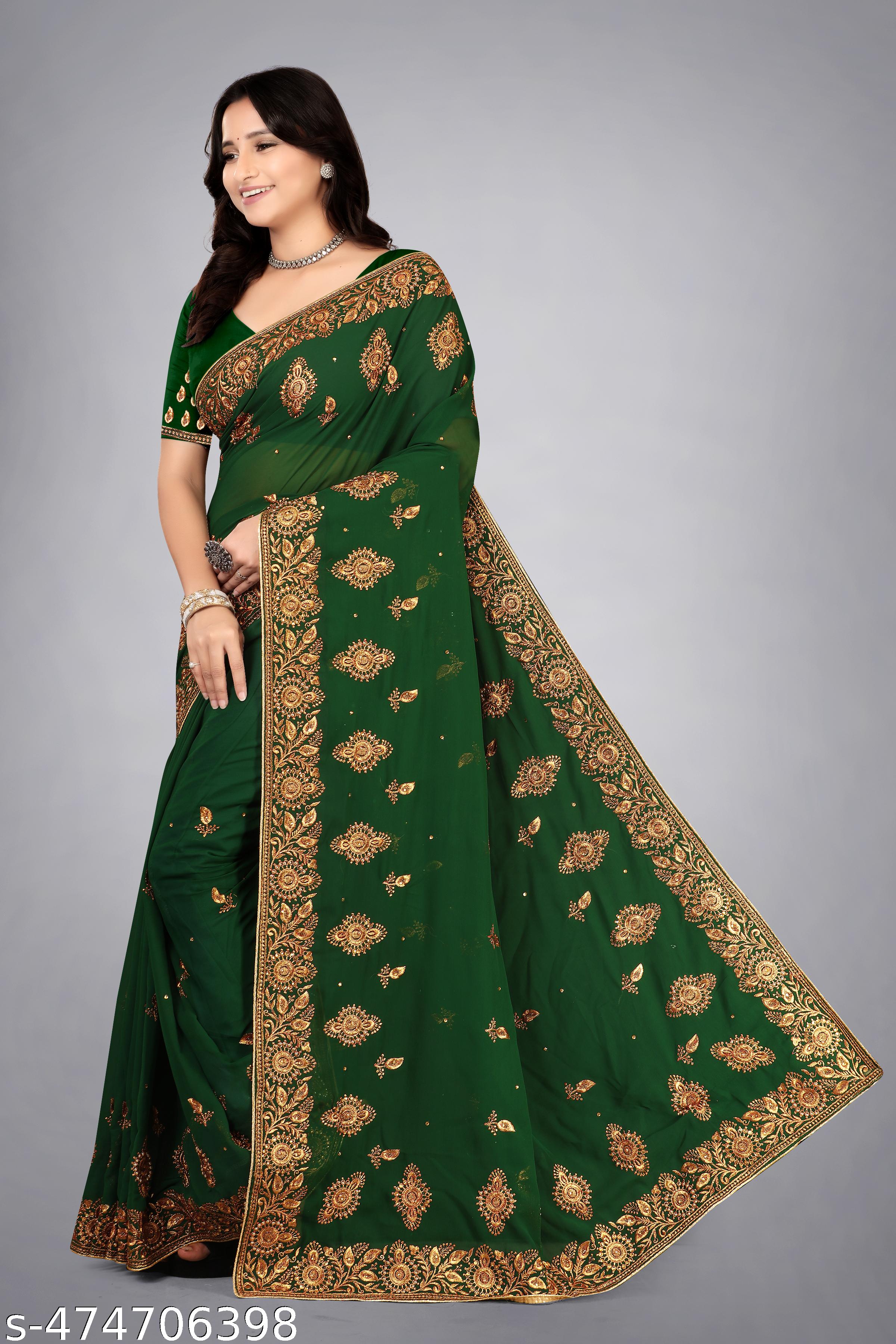 Embroidery Work With Handwork ( Diamond Work ) Saree (Green Saree) - Unixkart - View 4