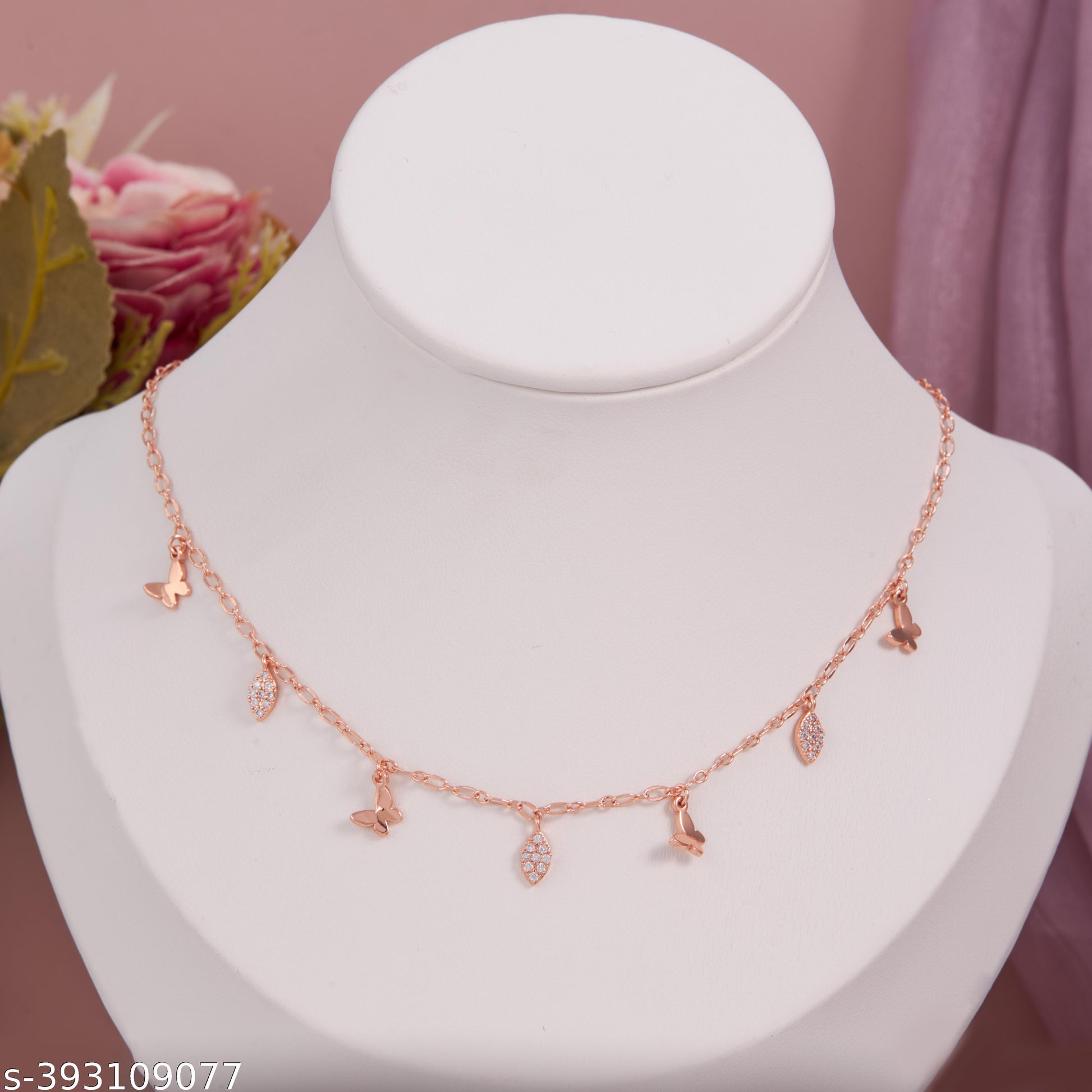 Elegant Rose Gold-Plated Butterfly & Leaf Charm Necklace with American Diamond Accents for Women and - Unixkart - View 4