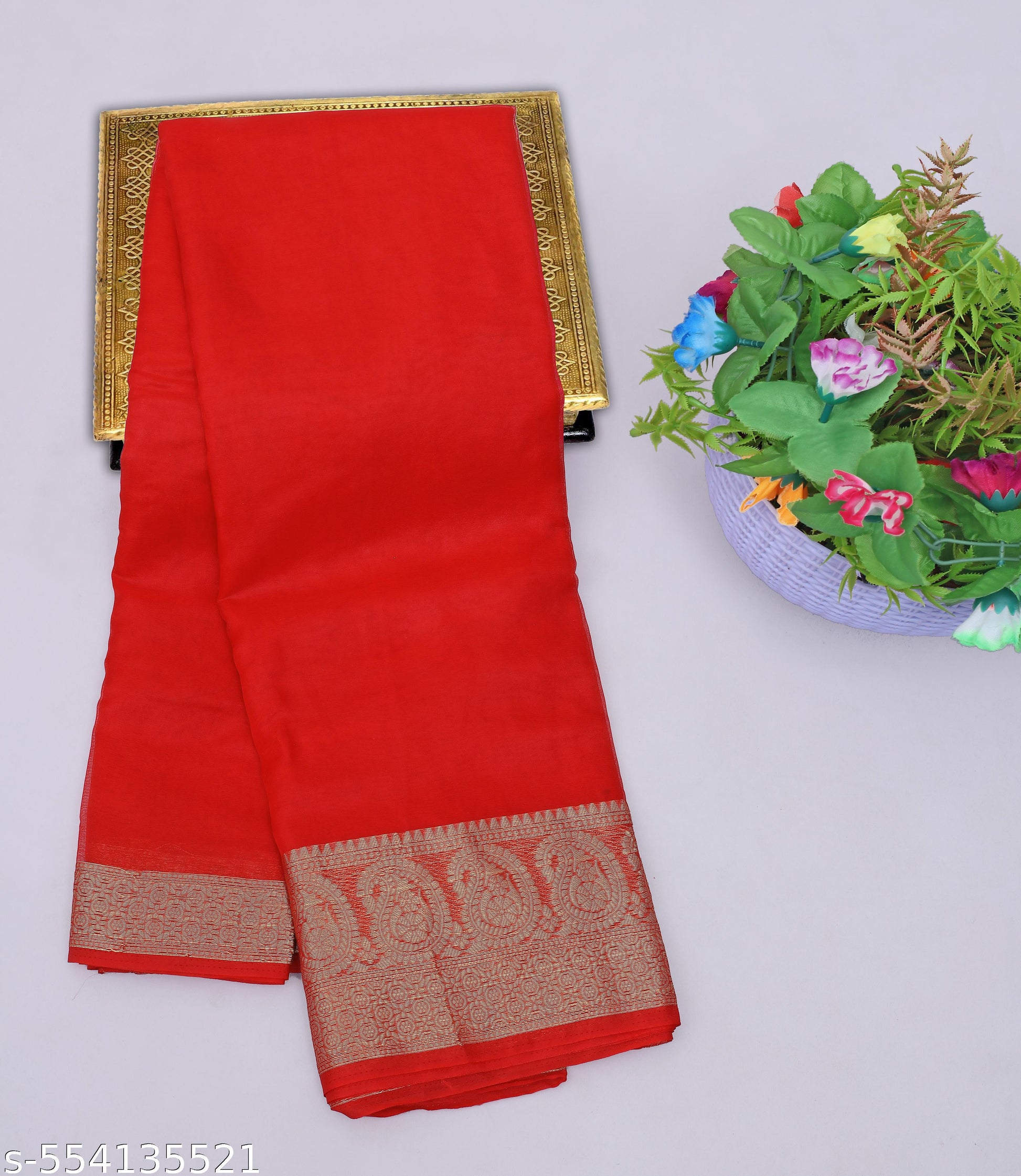 Organza Red Colour Fancy Saree - Unixkart - View 4