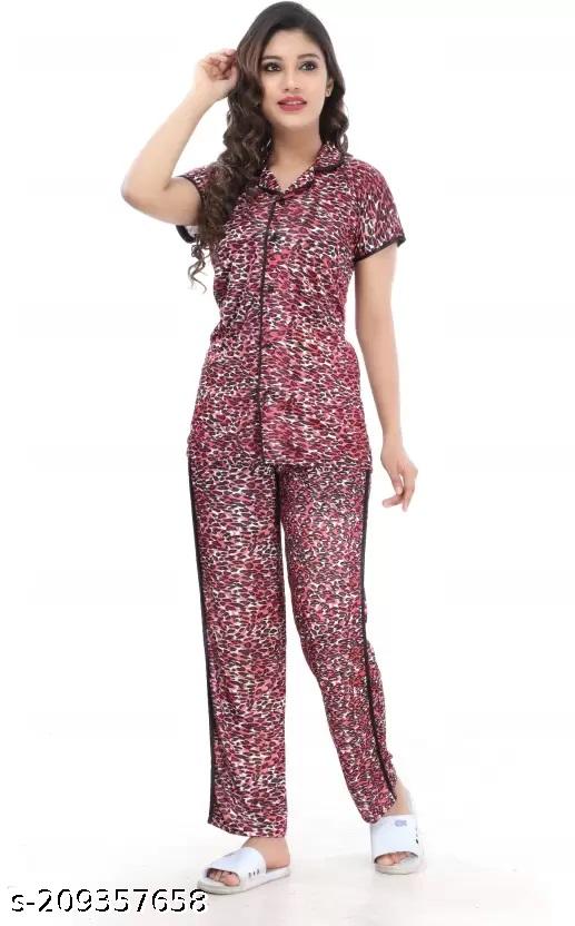 Color Magic Satin Collar Night Suit - Tiger Print Top Pyjama Set - Red - View 4 - Juliate
