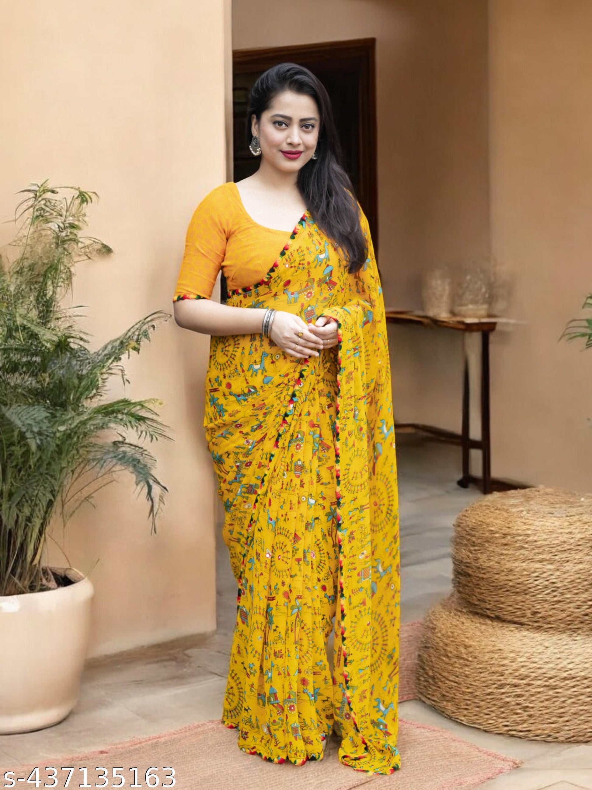 Women's Daily Wear Warli Printed Pure Georgettete Saree With Lace Border - Unixkart - View 4