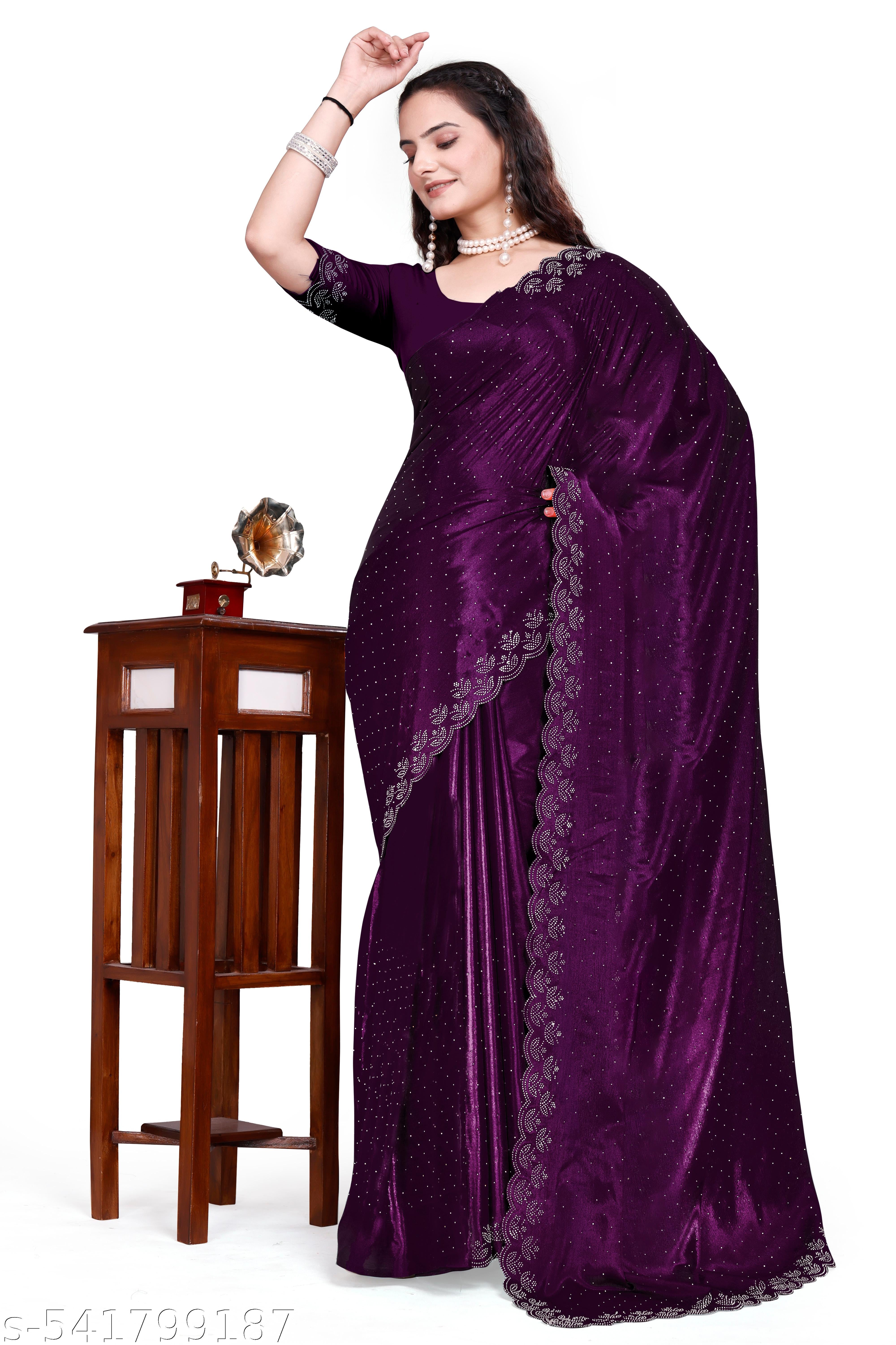 Women's Georgettete Embellished Work Chiffon Saree with Unstitched Blouse, Purple - Unixkart