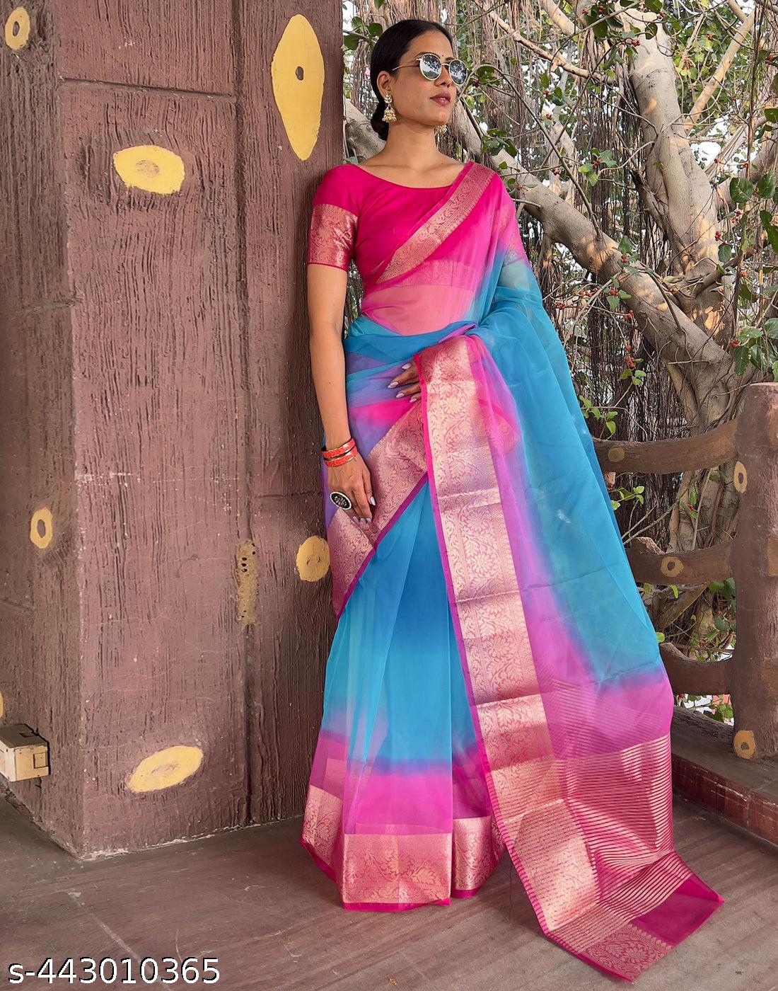 Organza Multicolour 3D Silk Saree - Unixkart - View 4