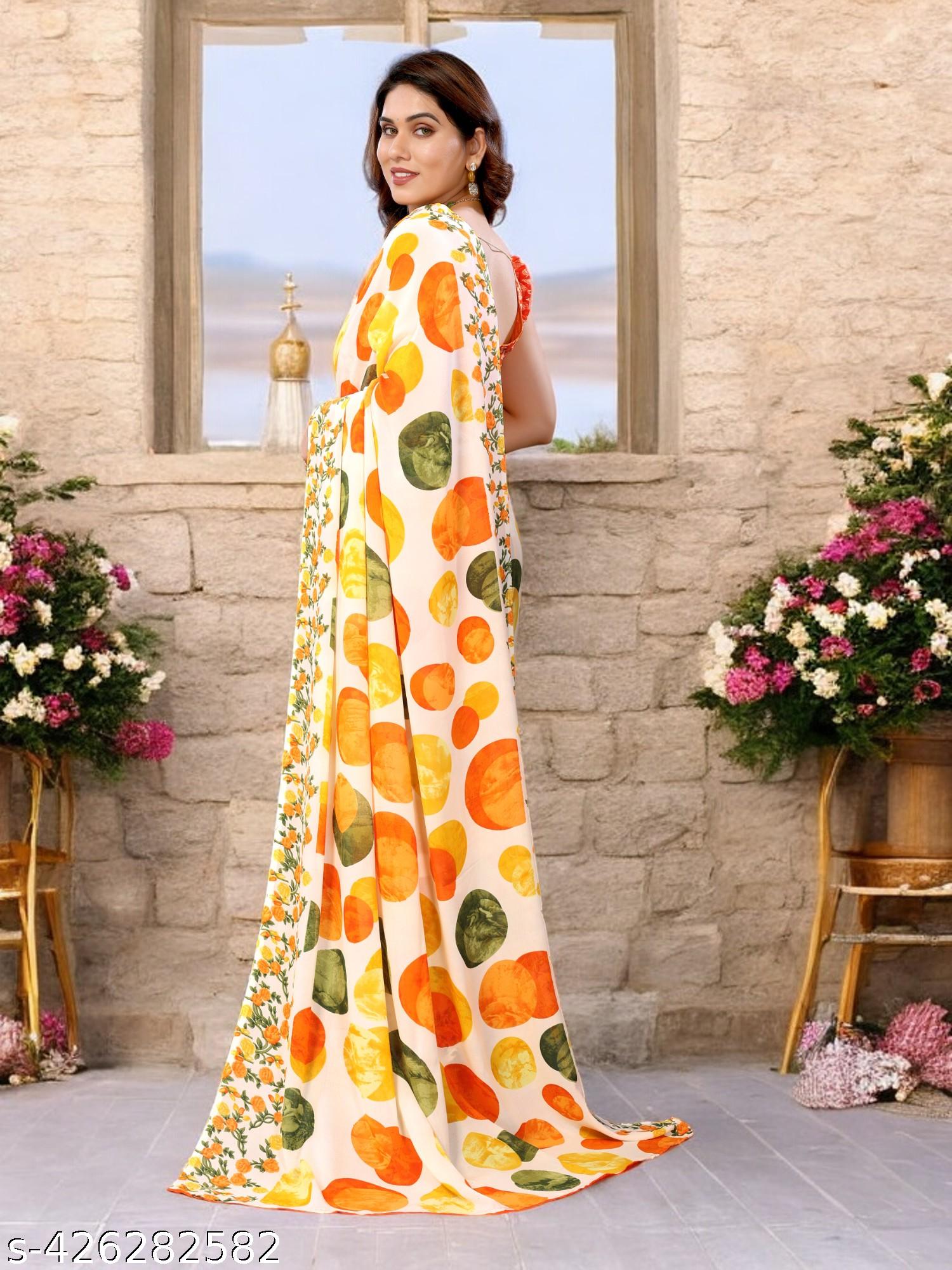 Women's Bollywood Polka Dot Printed Yellow Georgettete Saree - Unixkart - View 4