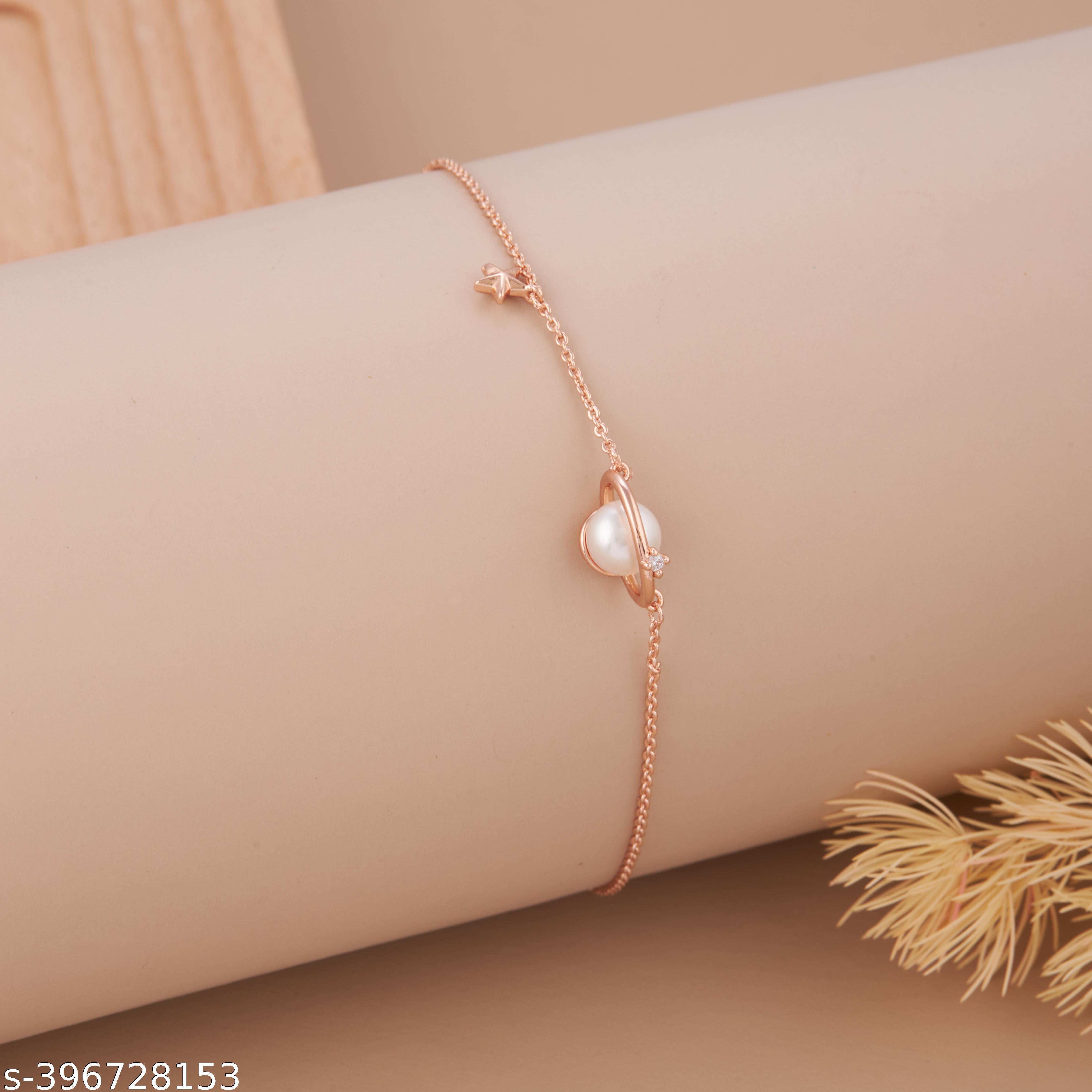 Elegant Rose Gold-Plated Planet & Star Bracelet with Pearl Centerpiece for Women and Girls - Unixkart - View 4