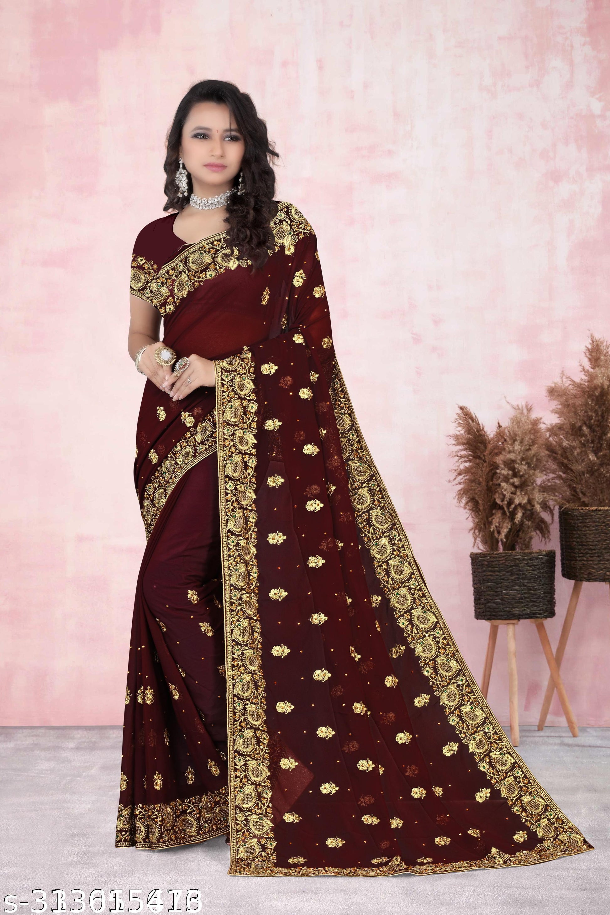 Heavy Embroidery Work With Full Diamond(stone) Handwork Saree - Unixkart