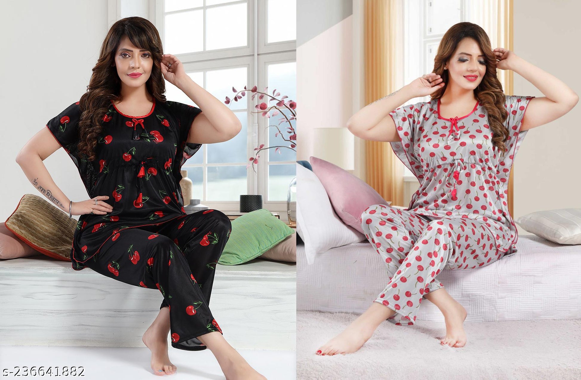 Color Magic Printed Satin Night Suit - Combo Pack Of 2 - Cherry - Berry White - View 4 - Juliate