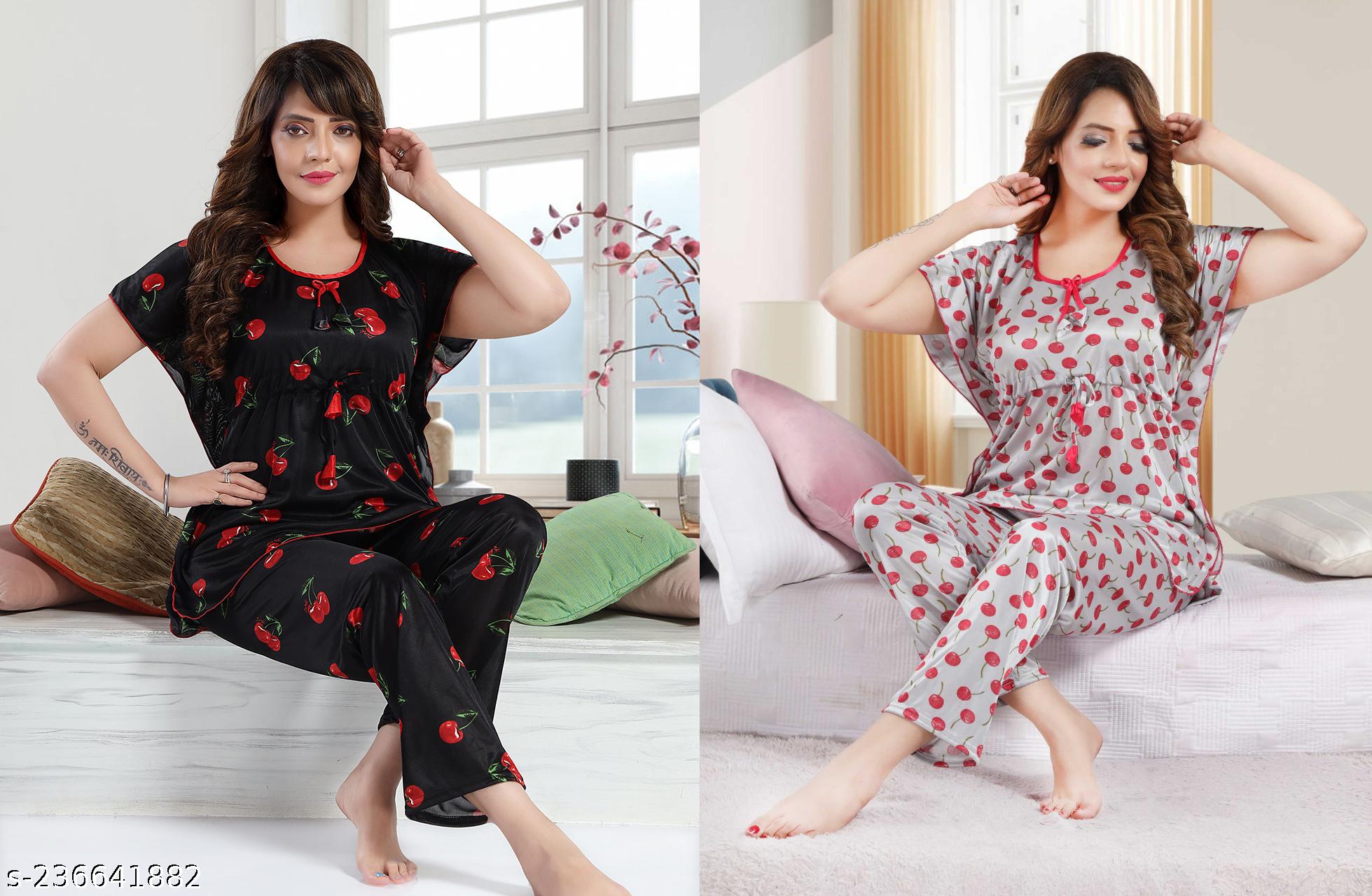Color Magic Printed Satin Night Suit - Combo Pack Of 2 - Cherry - Berry White - View 4 - Juliate