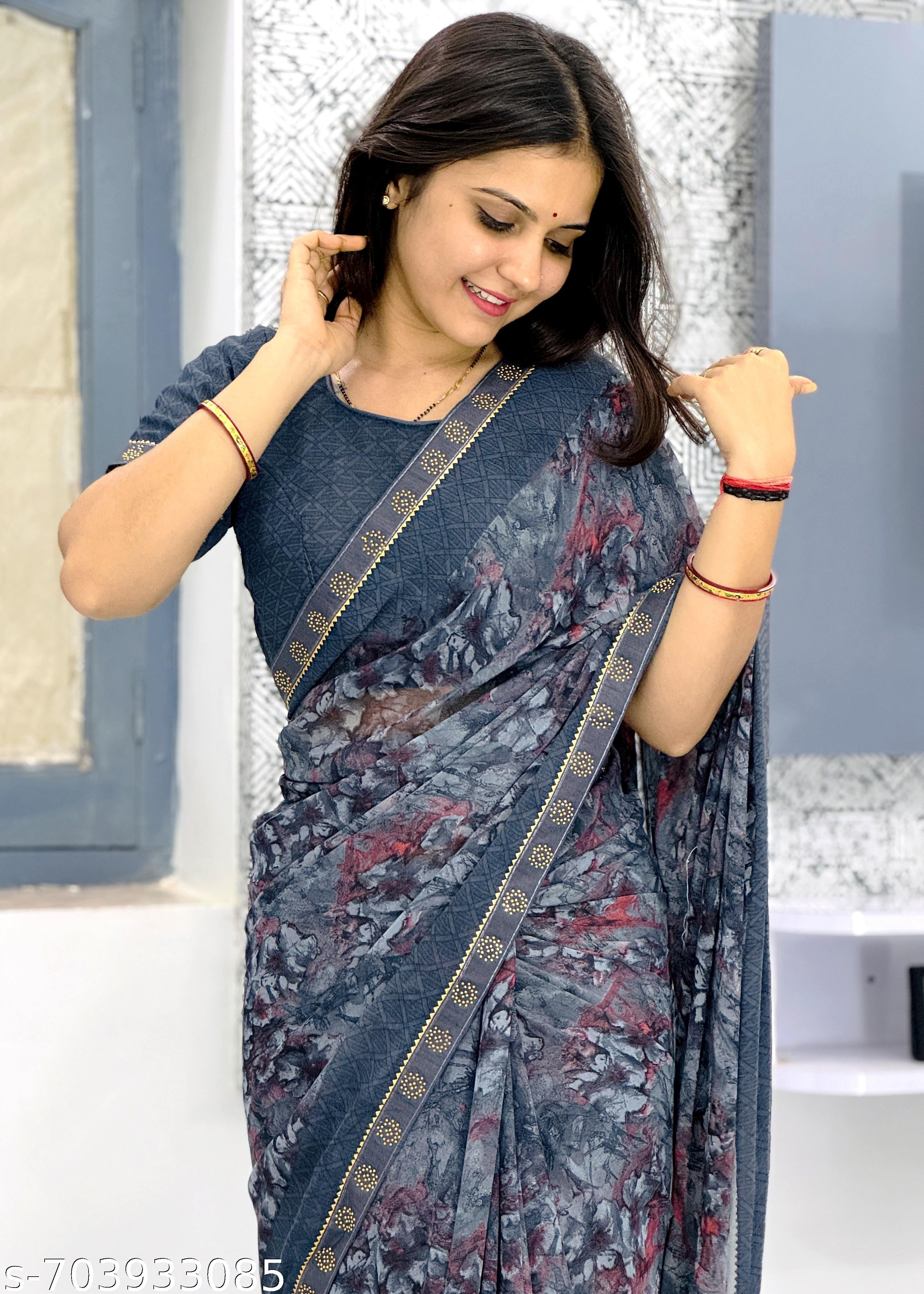Georgette Printed Saree with Lace Border - Unixkart - View 4