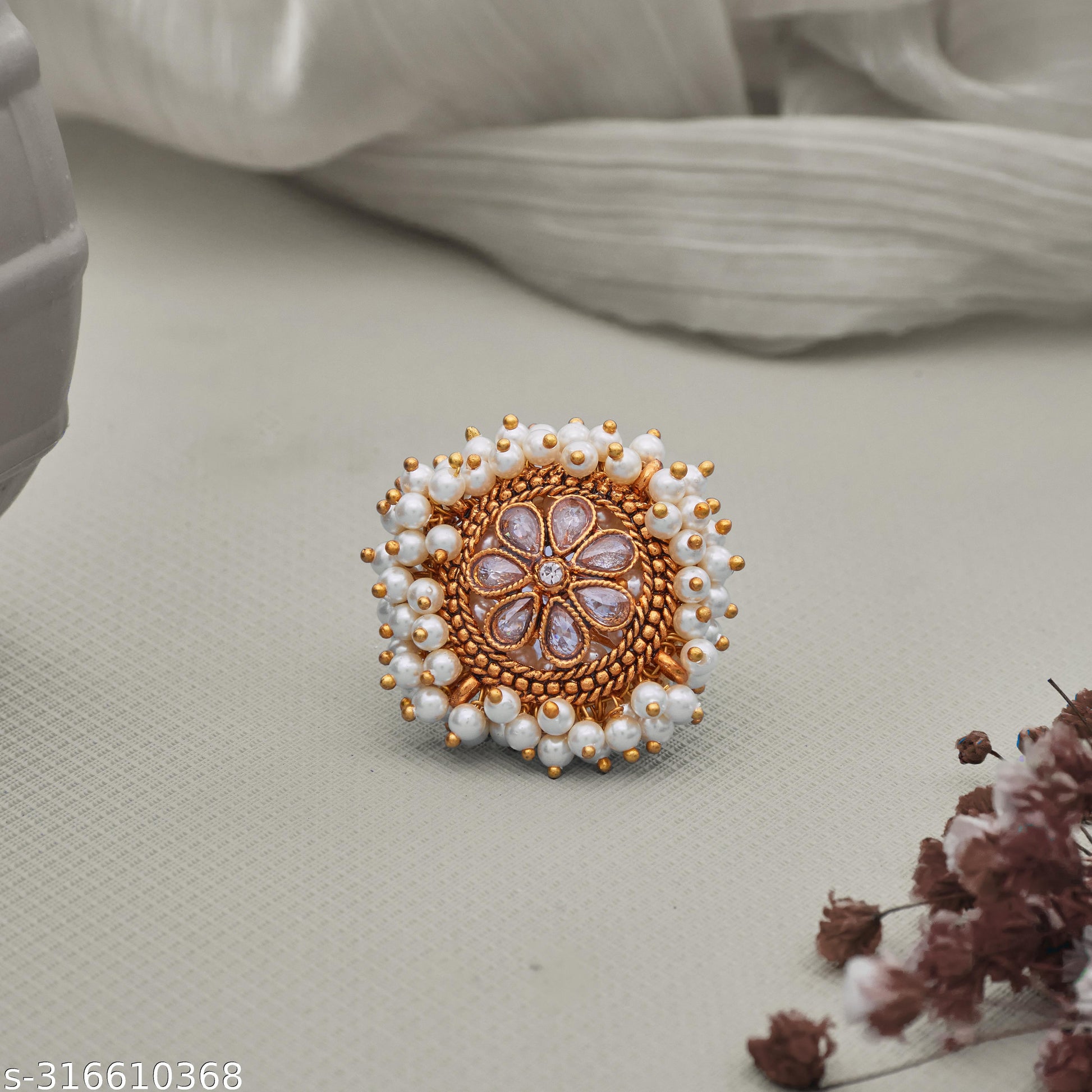 Gold-Plated Adjustable Floral Pearl Kundan Ring for Women - Unixkart - View 4