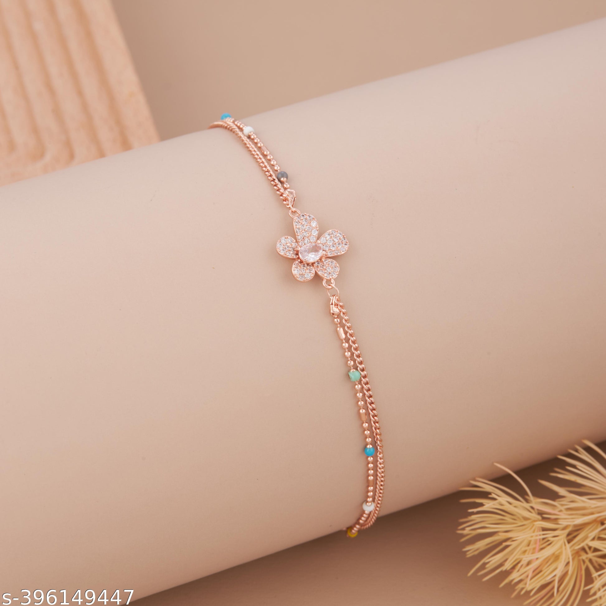 Elegant Rose Gold-Plated Floral Bracelet with American Diamond & Color Bead Accents for Women and Gi - Unixkart - View 4