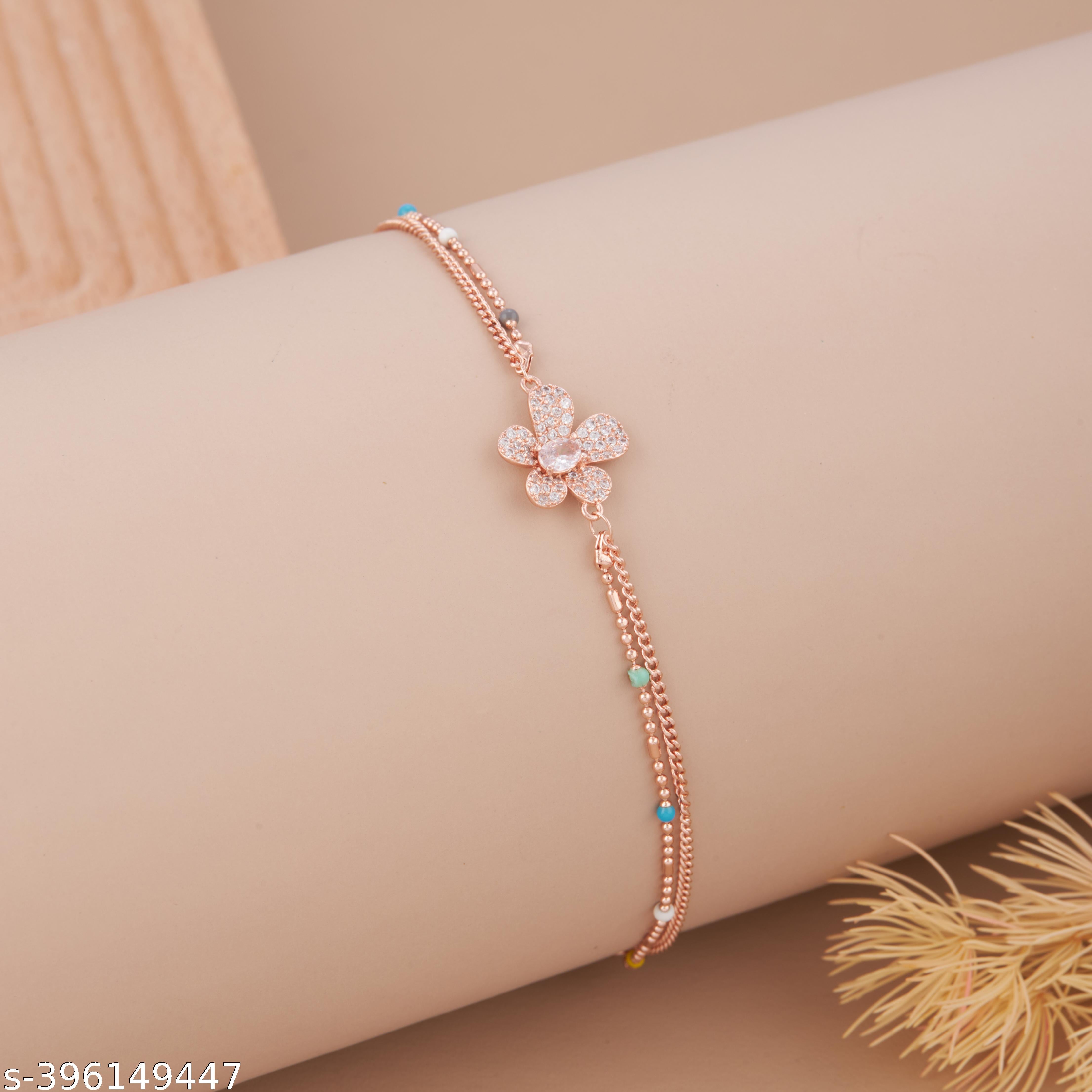 Elegant Rose Gold-Plated Floral Bracelet with American Diamond & Color Bead Accents for Women and Gi - Unixkart - View 4