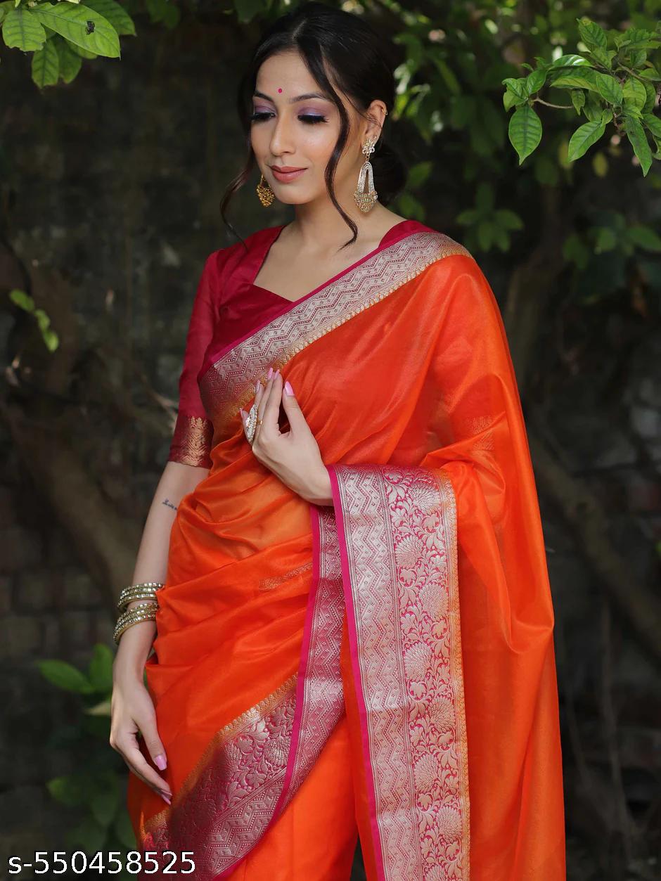Silk Blend Saree with Golden Zari Border - Unixkart - View 4