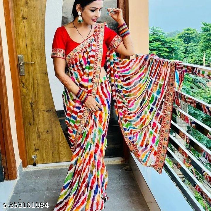 Georgettete Print Striped Saree - Unixkart - View 4