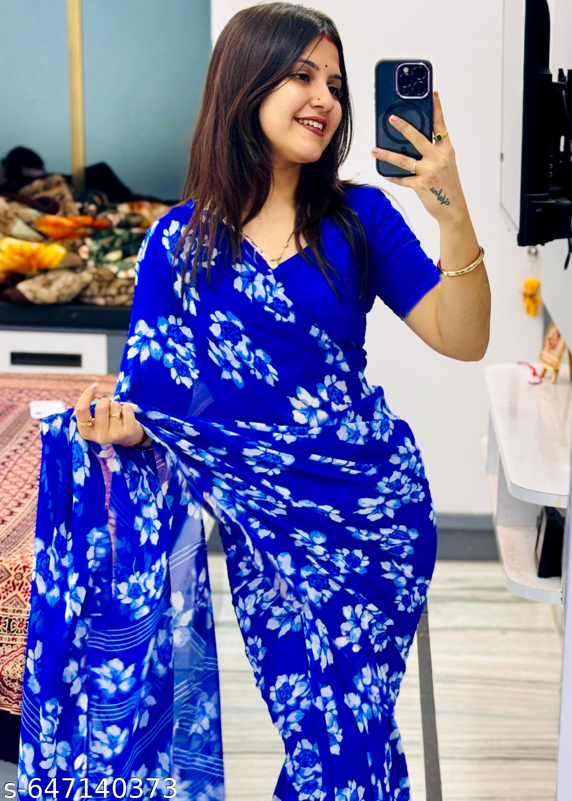 Blue Weightless Printed Georgette Saree - Unixkart - View 4