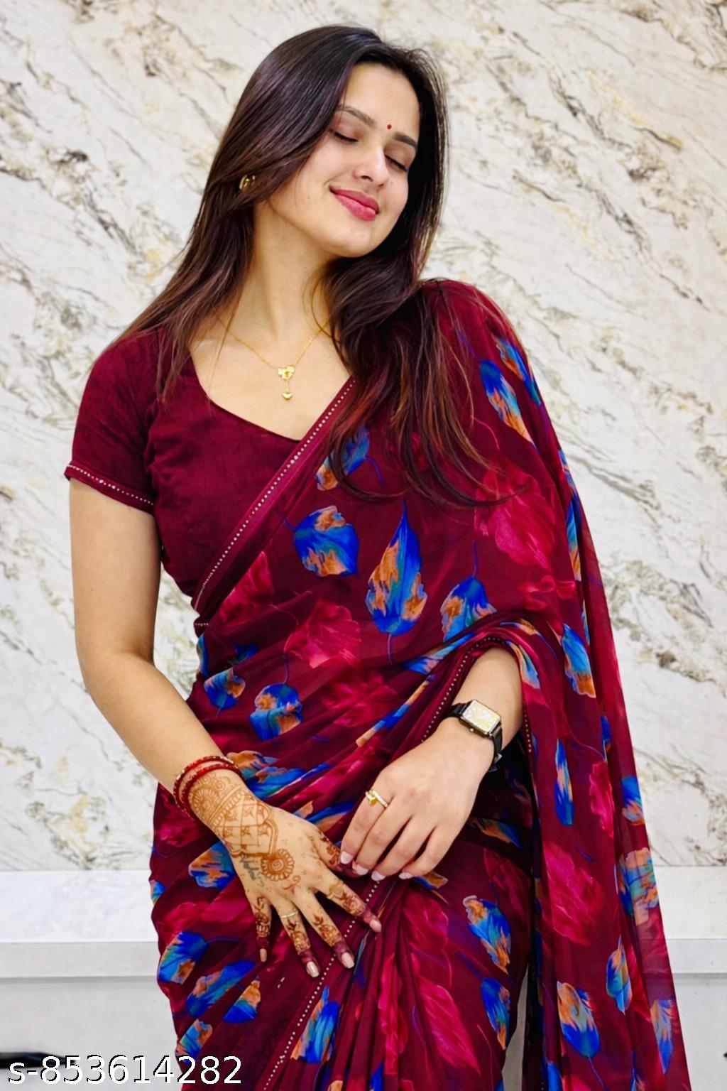Georgette Printed Saree with Lace Border - Unixkart - View 4