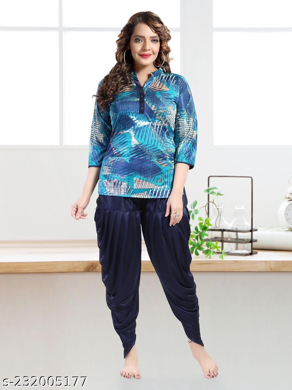 Color Magic Satin Kurti Style Top With Dhoti - Top & Dhoti Set - Blue - View 4 - Juliate